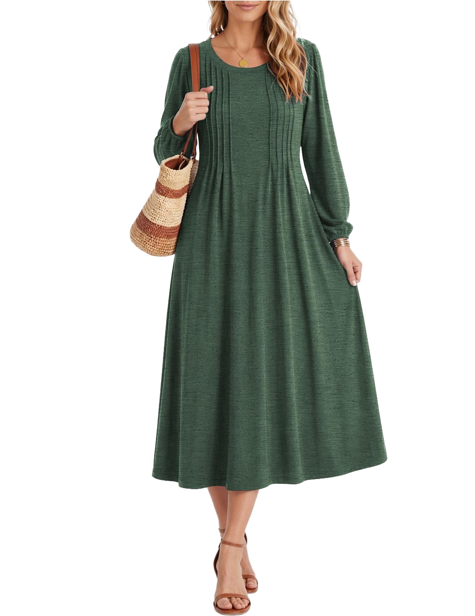 Zeagoo Fall Dresses for Women Long Sleeve Midi Dress Casual A Line Dresses 2026 Pleated Flare Dress with Pockets