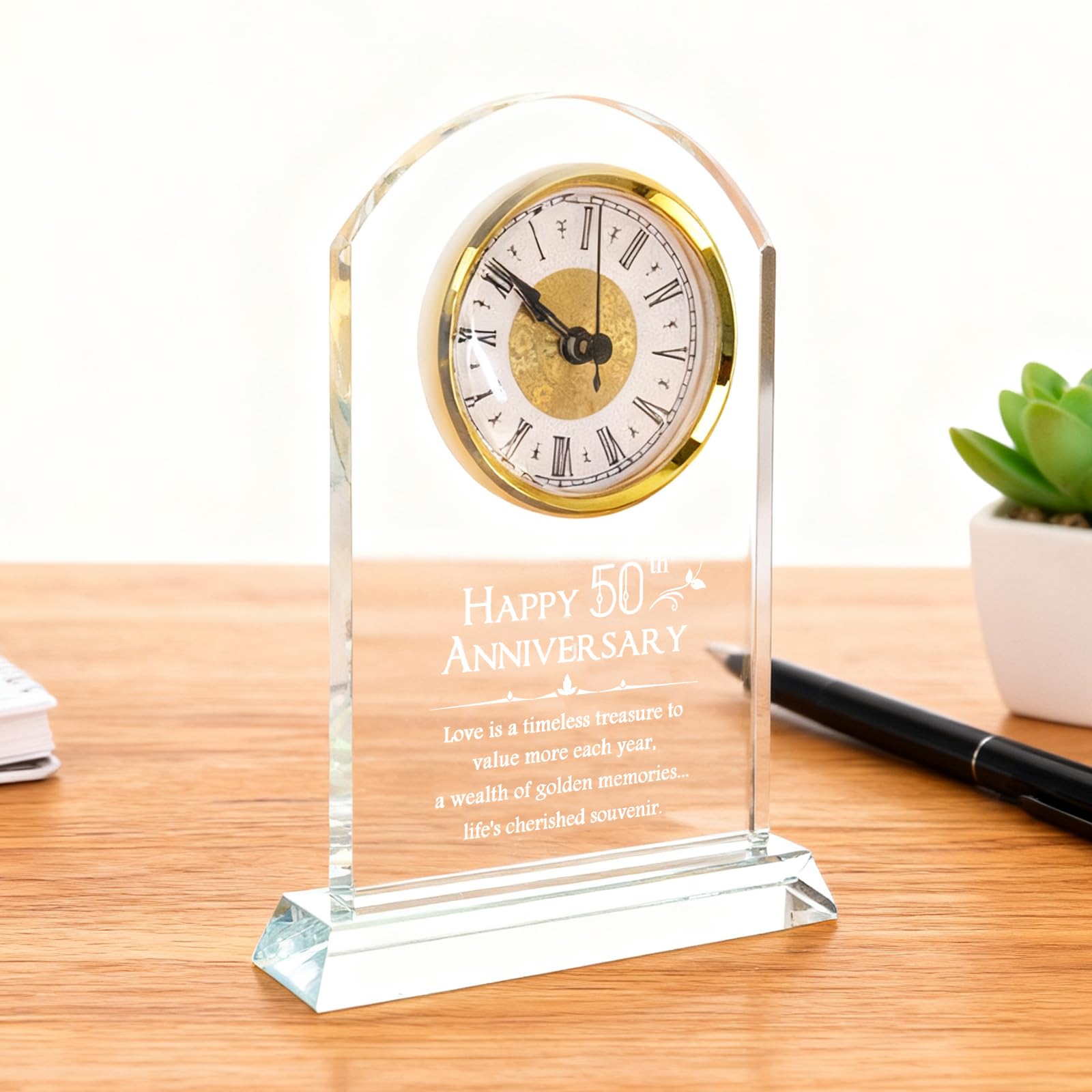 Regalo 50 Anni Matrimonio, Regalo di Anniversario con Orologio al Quarzo Regali per Nozze d'Oro Decorazione con Orologio da Scrivania Dorato Regali per i 50 Anni di Matrimonio per Nonni e Genitori