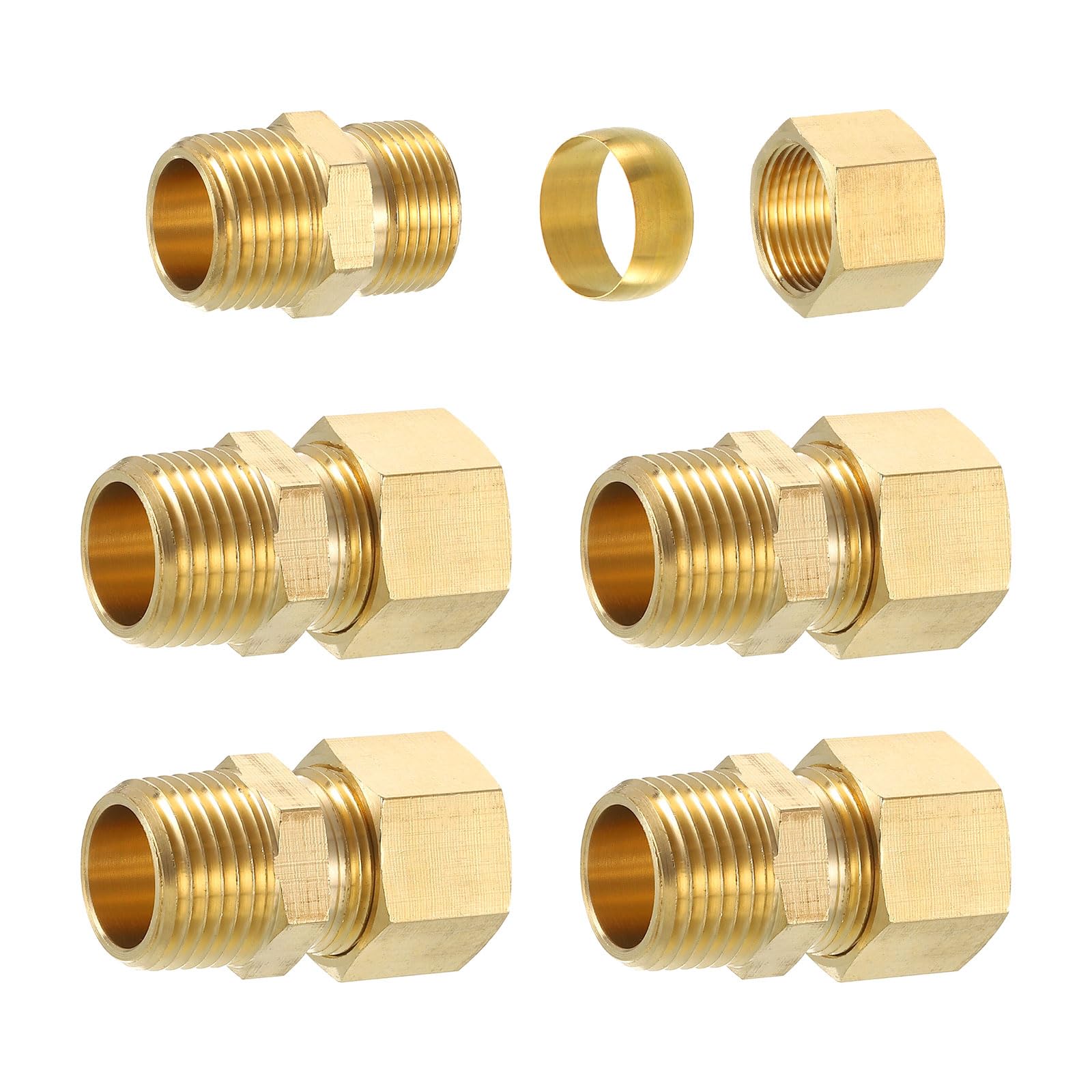 uxcell 5Pcs Brass Pipe Fitting, 5/8" OD x 1/2" NPT Male Brass Compression Tube Fitting, Brass Compression Union Connector, Brass Straight Coupling