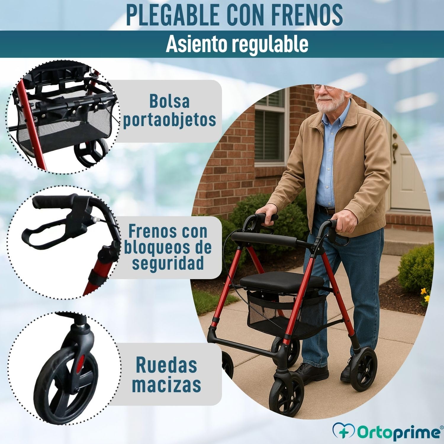 OrtoPrime Andador para Ancianos ASIENTO ALTURA REGULABLE Andador Adultos con Cesta Andadores Adultos PLEGABLE - Andador con asiento Tacataca Ancianos - Caminador Personas Mayores ROLLATOR 4 Ruedas