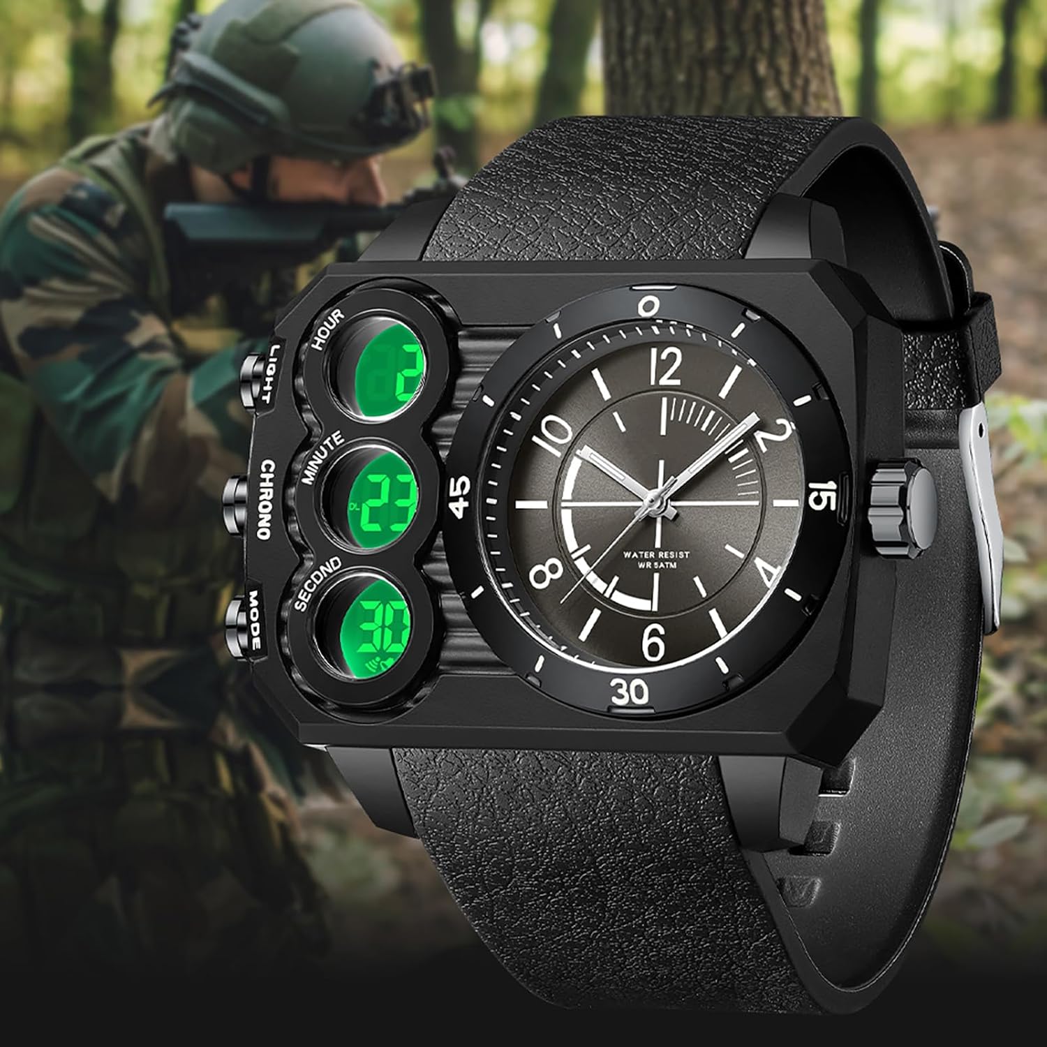 findtime Big Face Watch for Men Square Large Face Cool Mens Watches with Three Time Zone Countdown Alarm LED Stopwatch Unique Cool Wristwatch