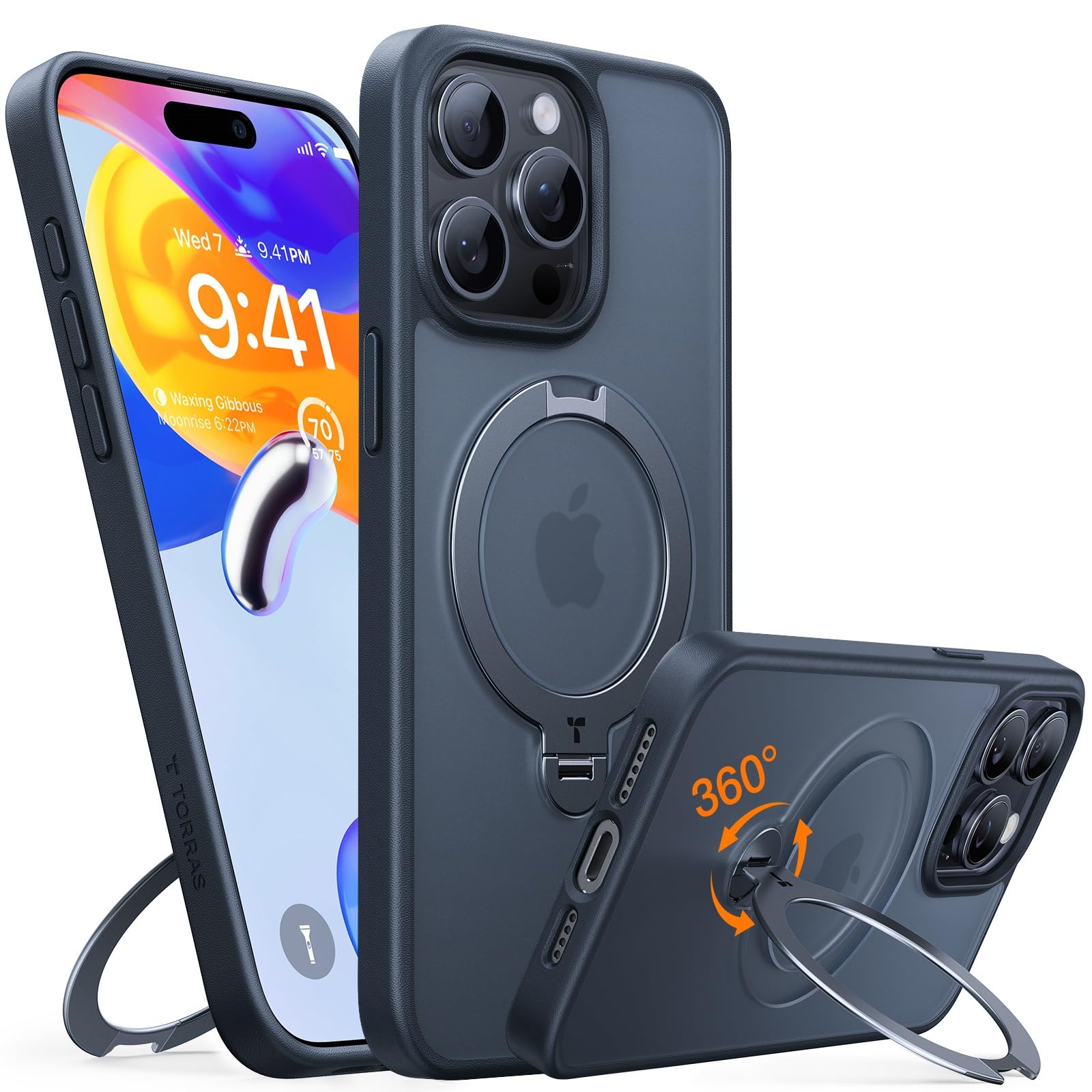 TORRAS Ostand Q3 Spin für iPhone 15 Pro Max Hülle (360° Magnetischer Unsichtbarer Ständer) Zertifizierte Militärschutz, MagSafe Kompatibel, Stoßfest Kratzfeste Matt Rückseite Handyhülle Schwarz