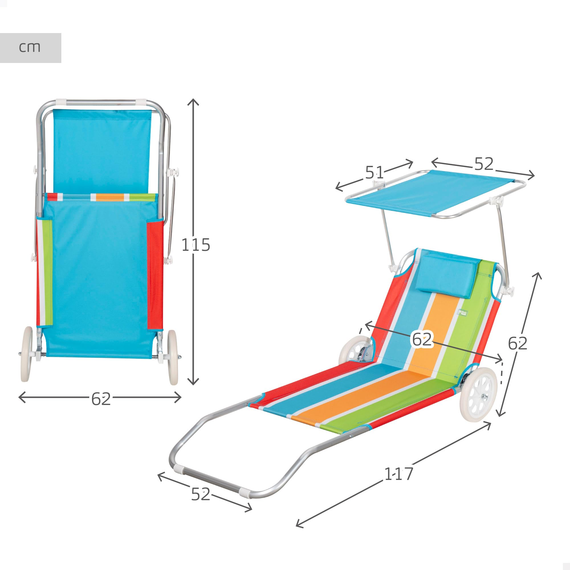 AKTIVE Carrello sdraio da spiaggia, 62x117x62 cm, 2 in 1, Include ombrellone rimovibile, Cuscino imbottito, Tasca in rete, Telaio in alluminio, Tessuto in poliestere