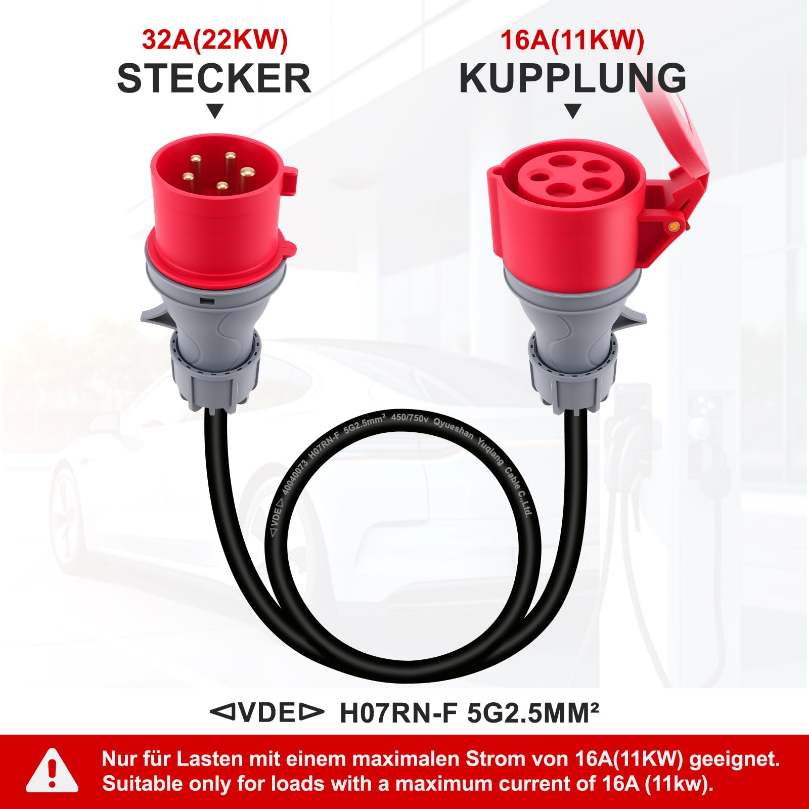 CEE Adapter 32A auf 16A Kupplung, 1.5Meter Verlängerungskabel, 5-Polig Adapter 32A auf 16A, Starkstrom Adapter, 400V, Tragbar, Schutzart IP44
