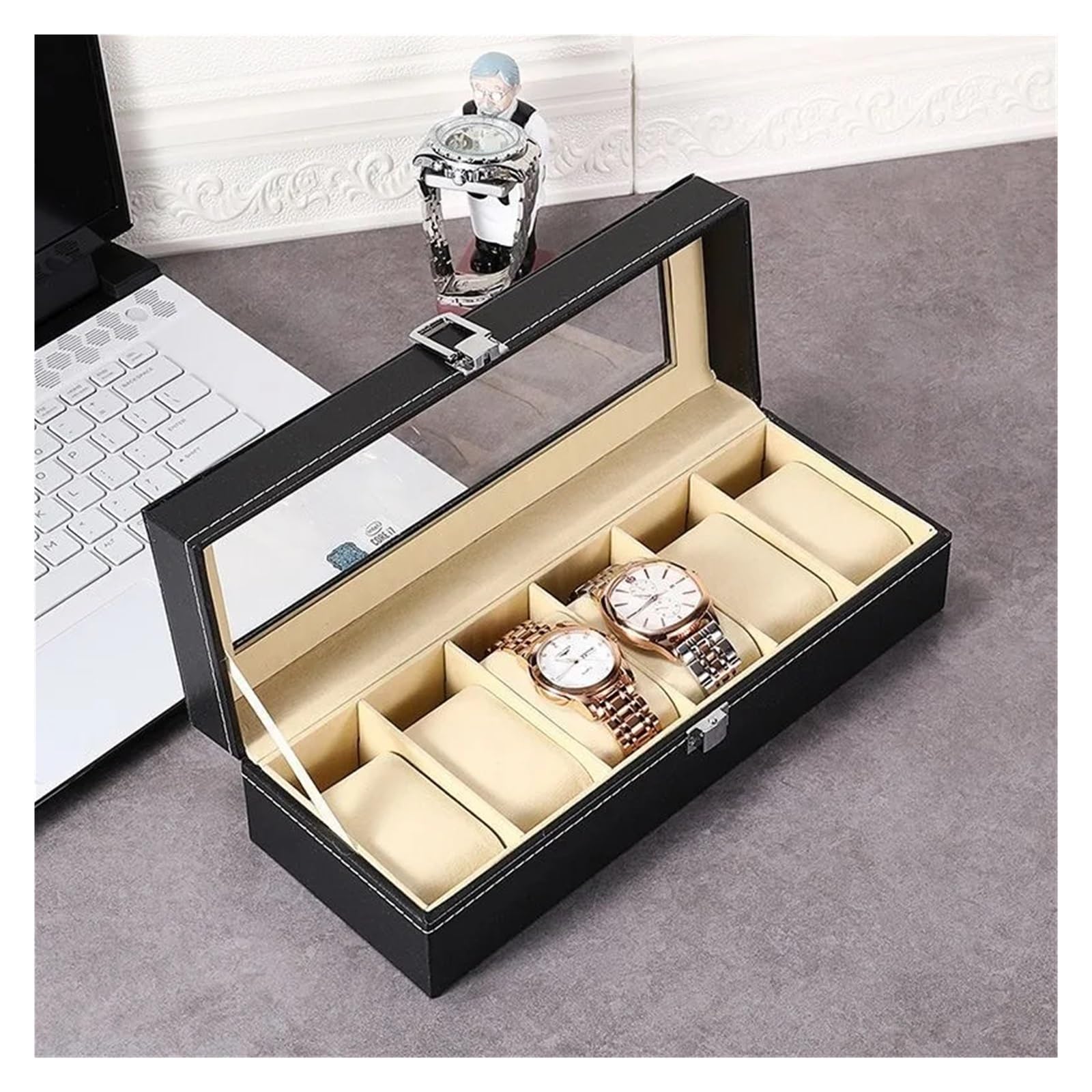 Uhrenbox 2/3/4/5/6/8/10/12 Slots PU Leder Uhr Box Traditionellen Stil Uhr Lagerung Box Geschenk Uhr Fall Mit Schloss Uhrenkoffer(Beige 12 Positions)
