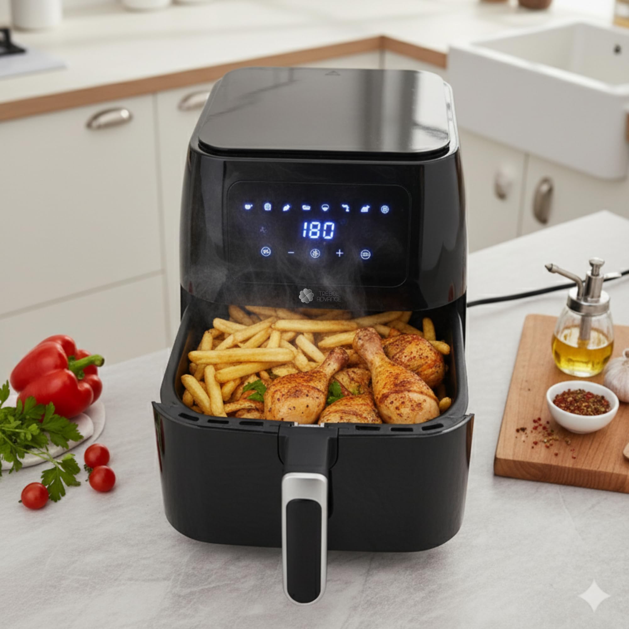 Freidora de Aire Freidora sin Aceite 8 Litros Dietética y Digital, Panel Táctil, Acabados en Acero Inox, 8 programas, temporizador (8 Litros 1700 W)