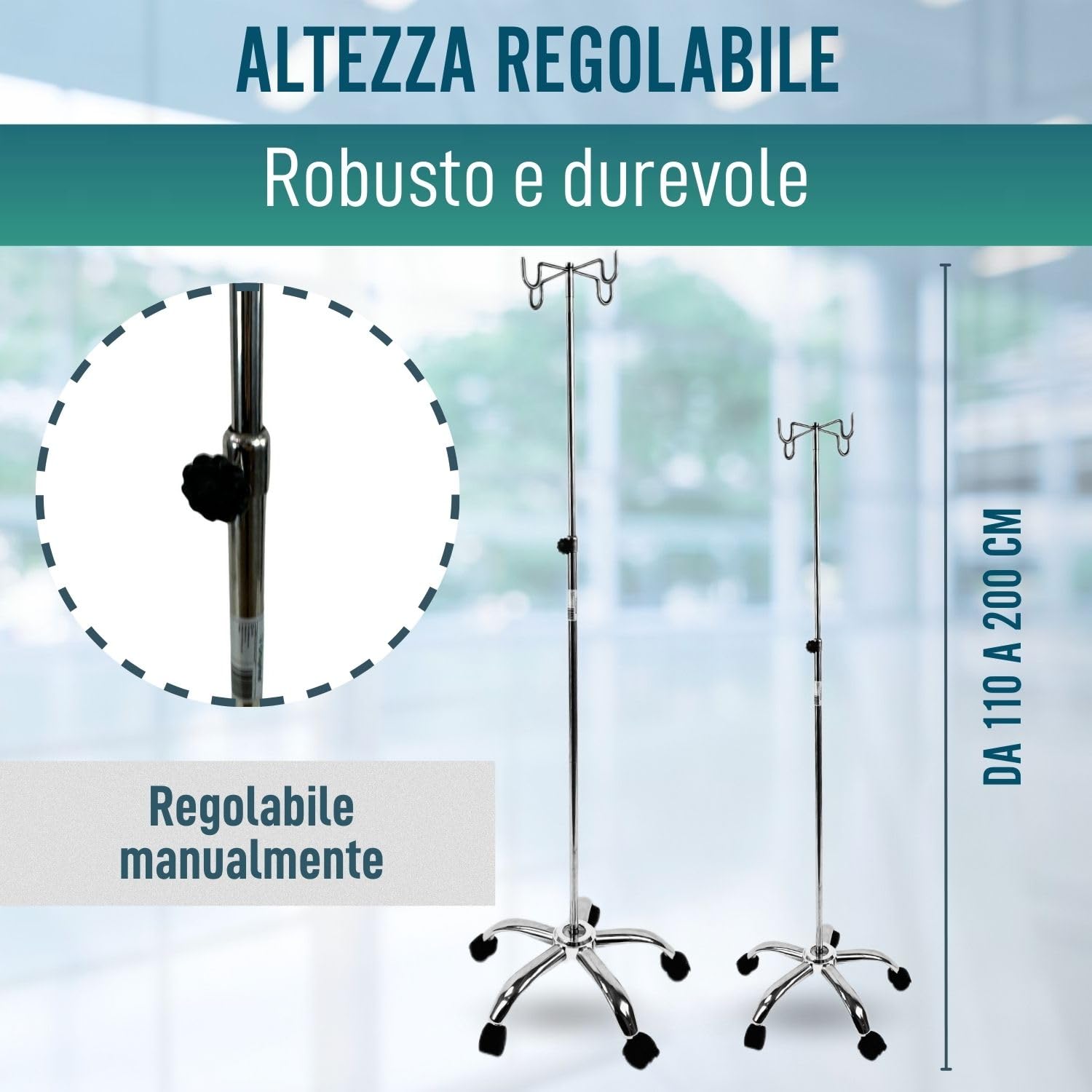 OrtoPrime Porta flebo regolabile in acciaio inox – Supporto per flebo con 4 ganci – Porta siero con ruote silenziose – Supporto flebo tripode portatile professionale per uso ospedaliero e domestico