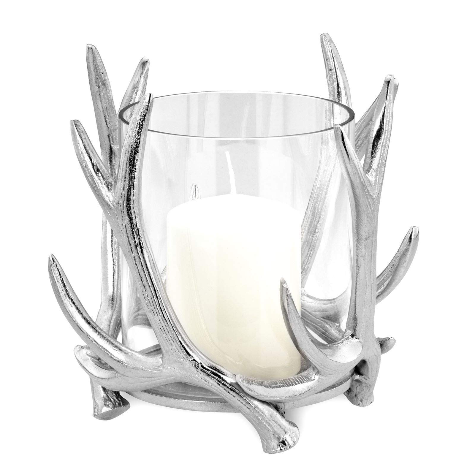Portavelas de Cristal Decoracion, 19 cm de diámetro, aluminio pulido en forma de cornamenta de ciervo, con cilindro de cristal abierto