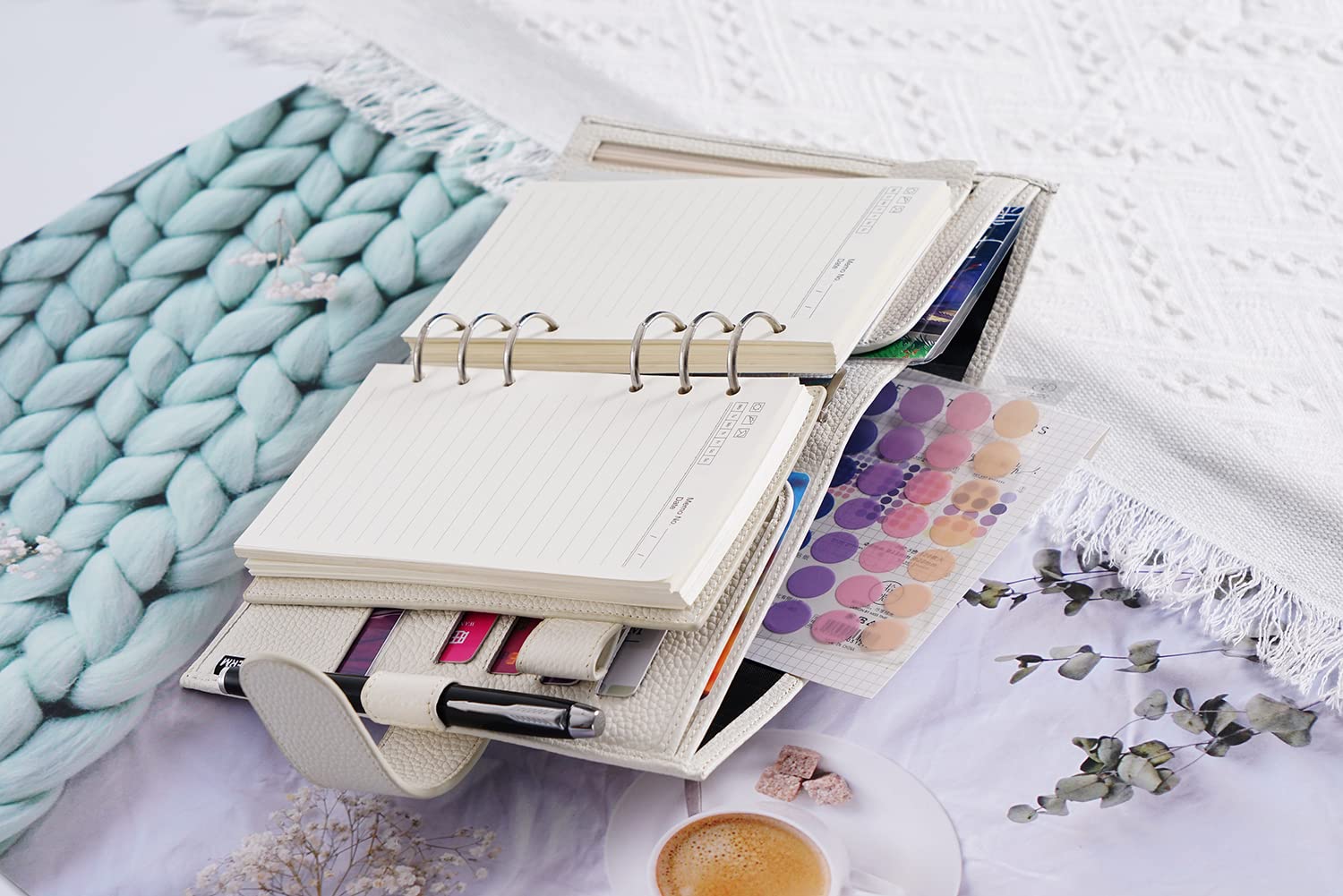 Moterm Planificateur Personnel Luxe Anneaux - Reliure Organiseur en Cuir Véritable (Anneau de 30mm, Crème Galet)