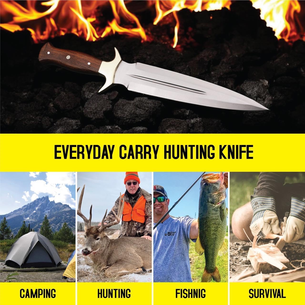 Handmade D2 Steel Dagger Knife 15” | Fixed Blade Full Tang with Leather Sheath – Tactical, Survival & Hunting Knife for Camping, Fishing, Bushcraft & Outdoor Use – Gift for Men by H&H Blades