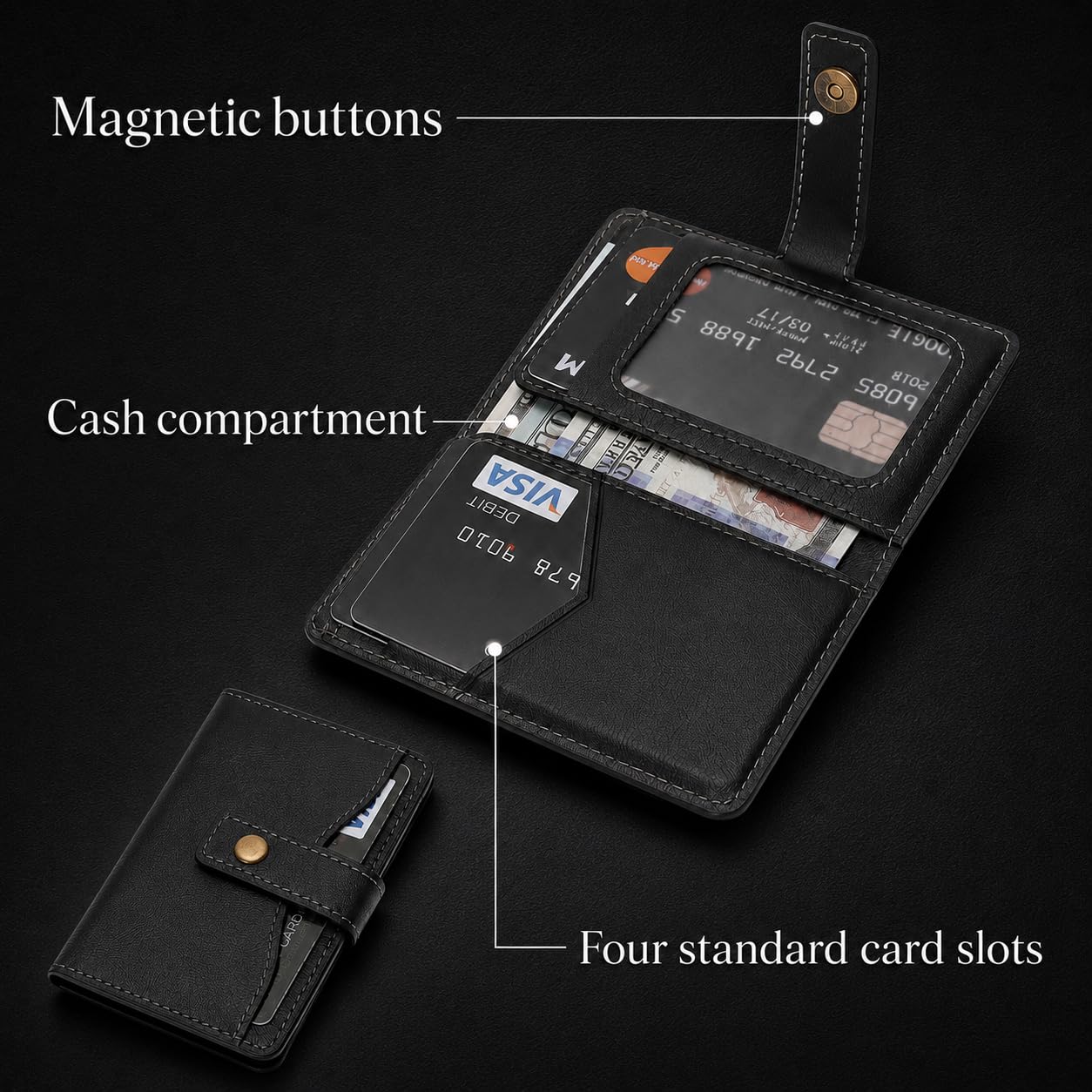 Magnetic Wallet kompatibel mit MagSafe,RFID-blockierender PU-Leder Kartenhalter,4 Kartenfächer, Geldfach,Foto-ID-Fenster,Druckknopf,Magnetring inklusive,kompatibel mit iPhone&Android-Hüllen,Schwarz