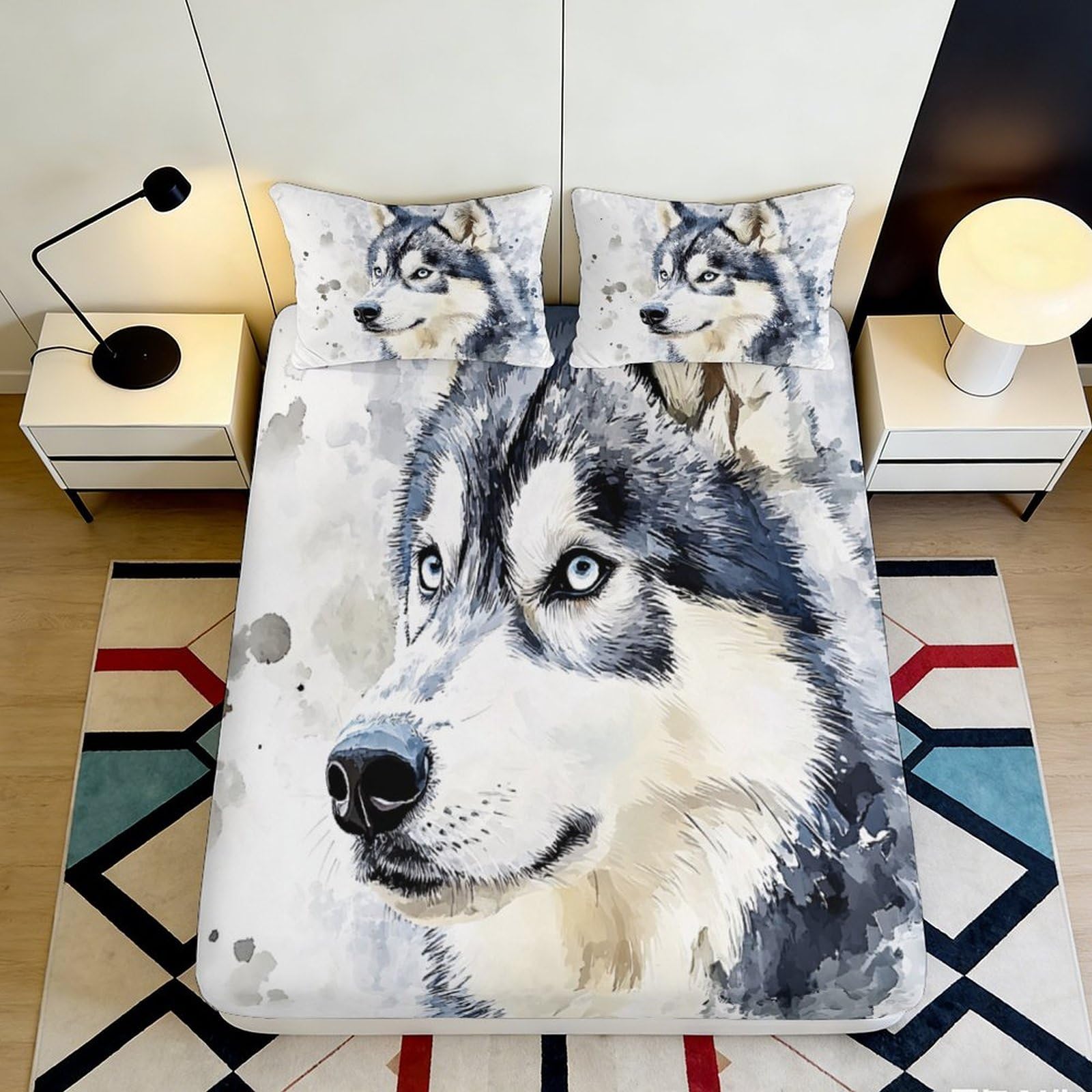 3D Printed Husky Wolf Fitted Sheet Microfiber Soft Anti-Slip Art Mattress Cover for Bedroom Guest Room Decor 90x200x25cm