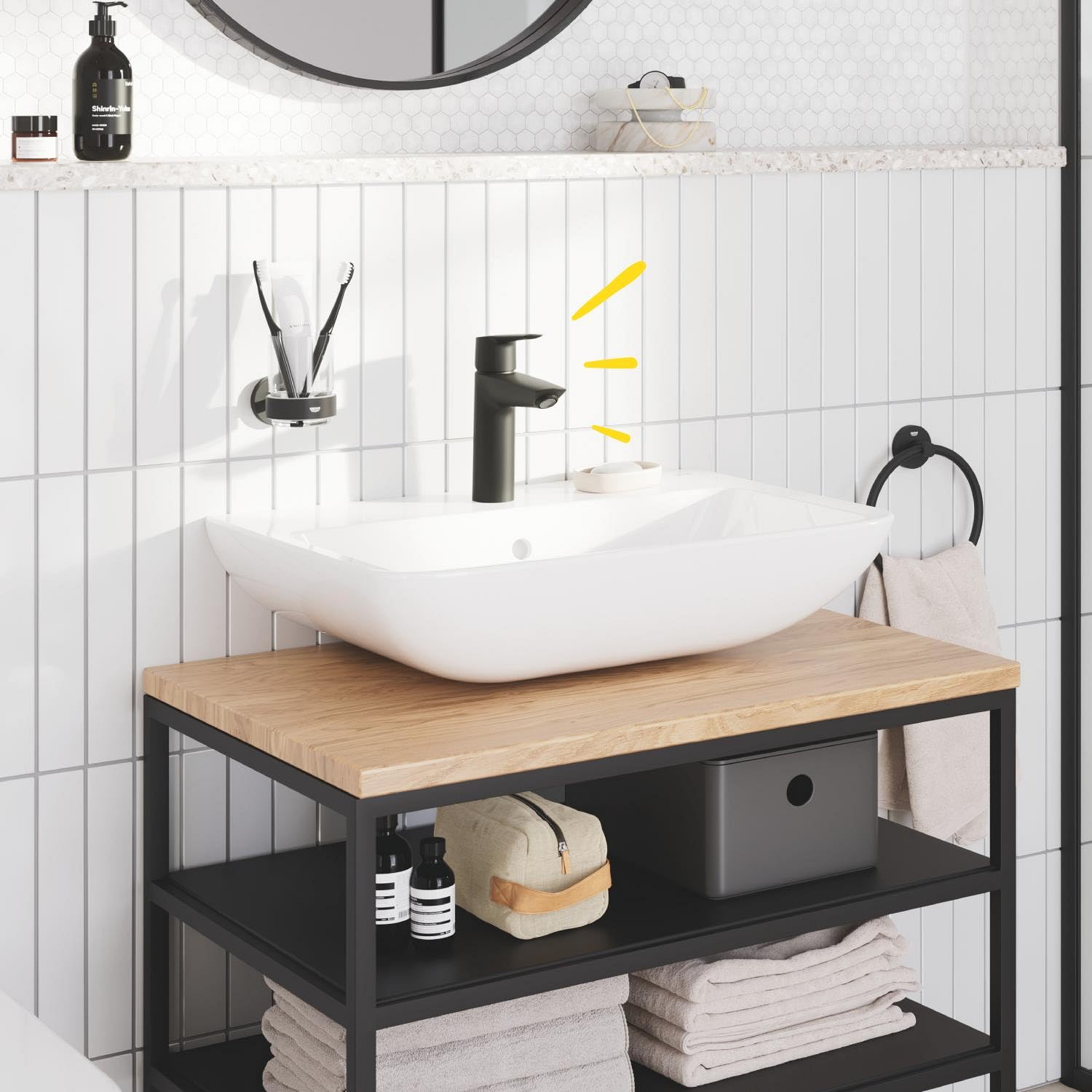 GROHE Start Mitigeur Monocommande Lavabo, Taille M, Economie d'Eau, Economie d'Energie, Ouverture Eau Froide Au Centre, Noir Mat, 237462432