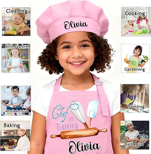 Miniatura 5 de Delantal personalizado para niños con bolsillo para nombre, sombrero de chef personalizado y delantal para cocina, cocina, hornear, pintura,