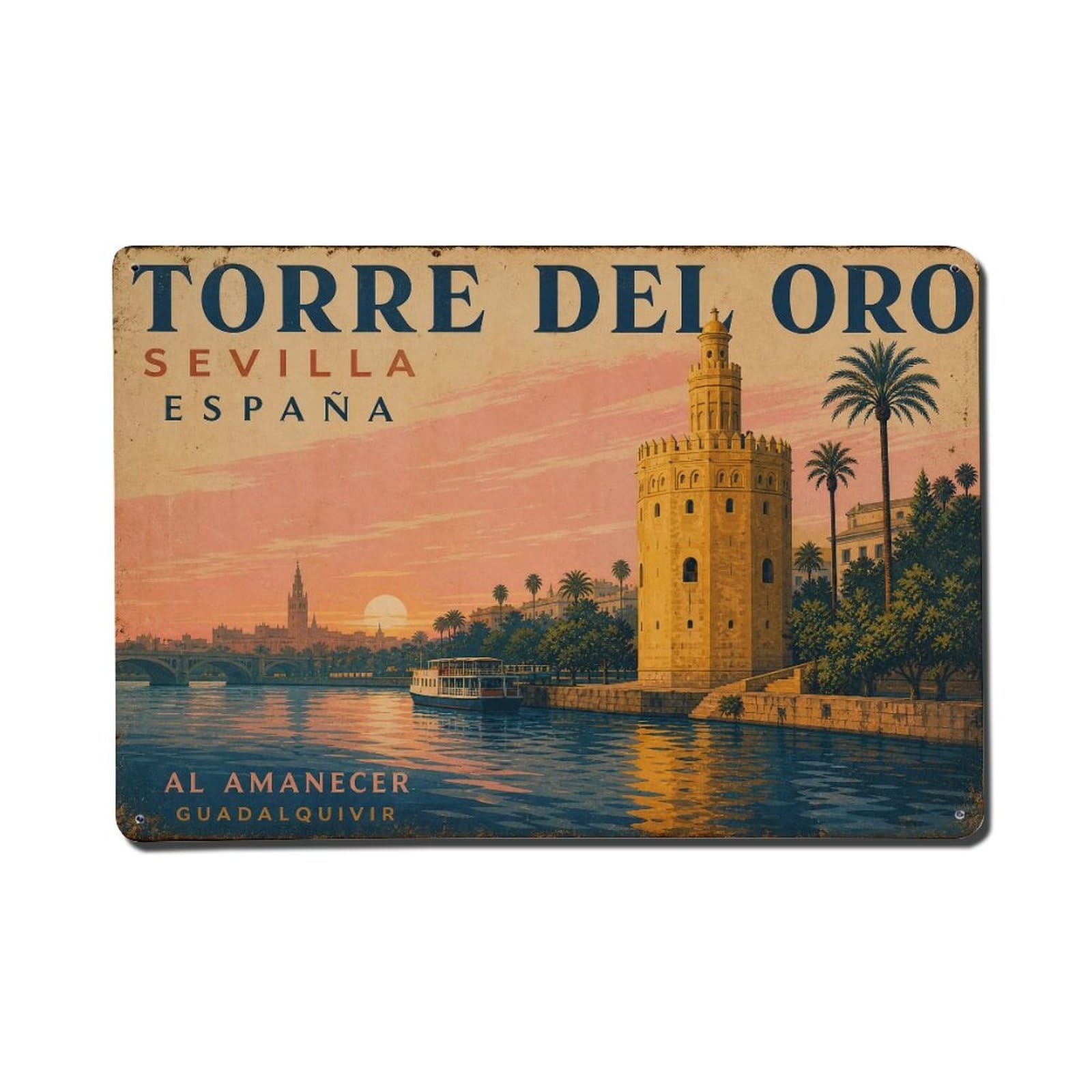 Yrnq 08X12inch Vintage Style Vintage Torre Oro Dawn Morning Light Golden Tower Spain Metal Tin Sign
