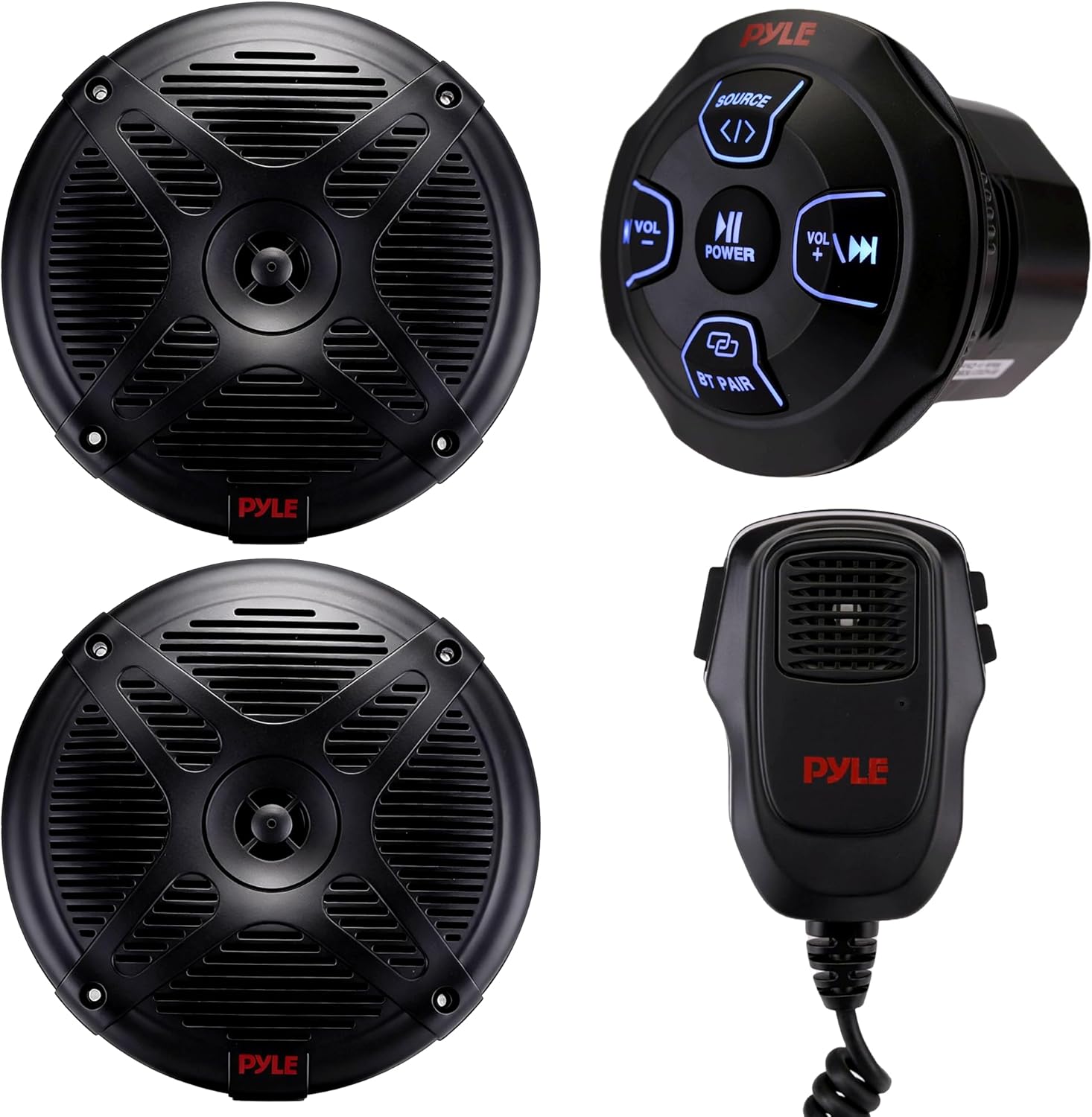 Pyle Marine Bluetooth Receiver Speaker Kit - Waterproof Audio Entertainment System Set w/Dual 6.5" Boat Speakers, Wireless BT Controller, Compact Handheld Broadcasting Microphone (Black)
