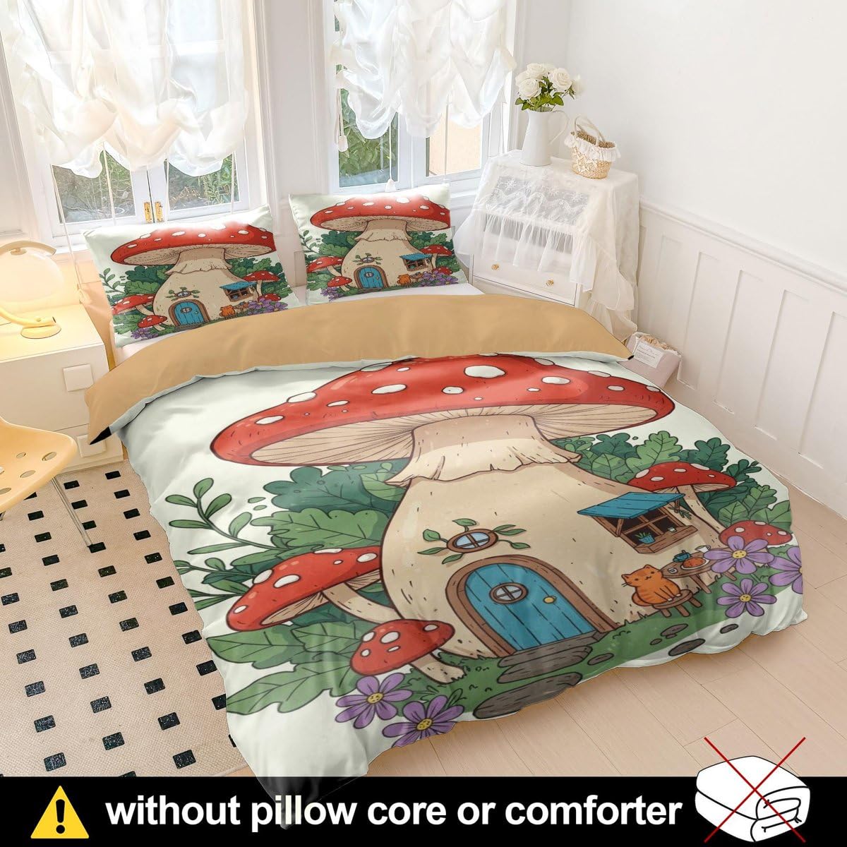 Juego de ropa de cama infantil con diseño de hongos de dibujos animados, funda de edredón de microfibra suave para decoración de dormitorio de niños y niñas (estilo 1, King 240 x 220 cm + 65 x 65 cm x