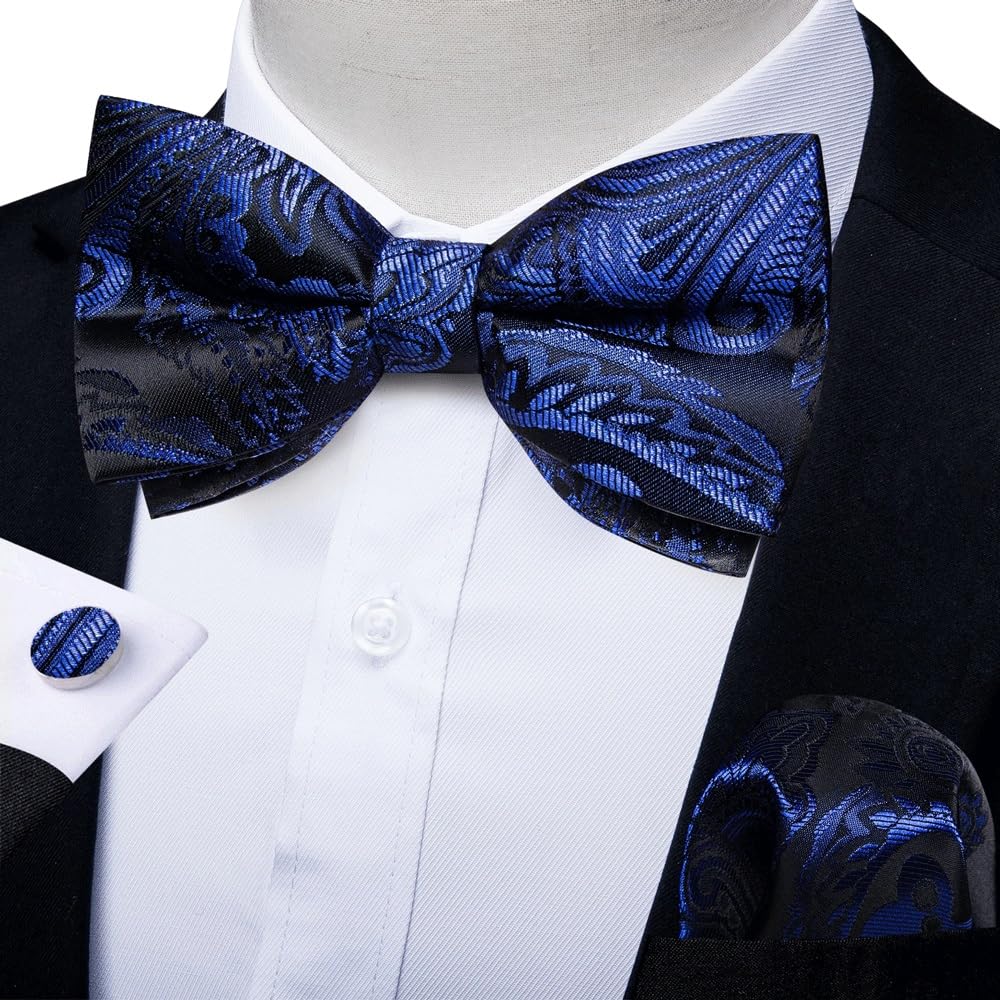 FENOKD Paisley Pre-Tied for Wedding Adjustable Bow Tie Pocket Square Cufflinks (Blue As Shown)