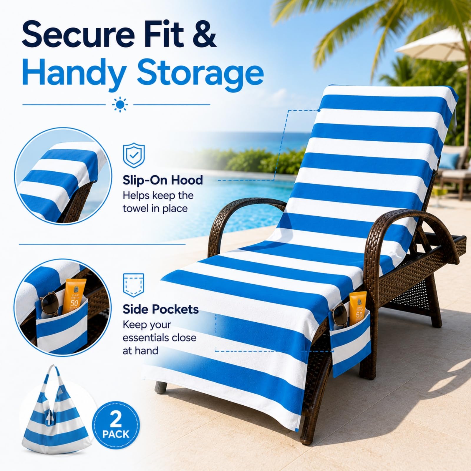 2er Pack Strandtuch mit Seitentaschen (Sternblüten,210x74cm) | Liegetuch mit Kapuze Anti-Rutsch Schnelltrocknend Mikrofaser Handtuch für Sonnenliege Gartenliege & Pool