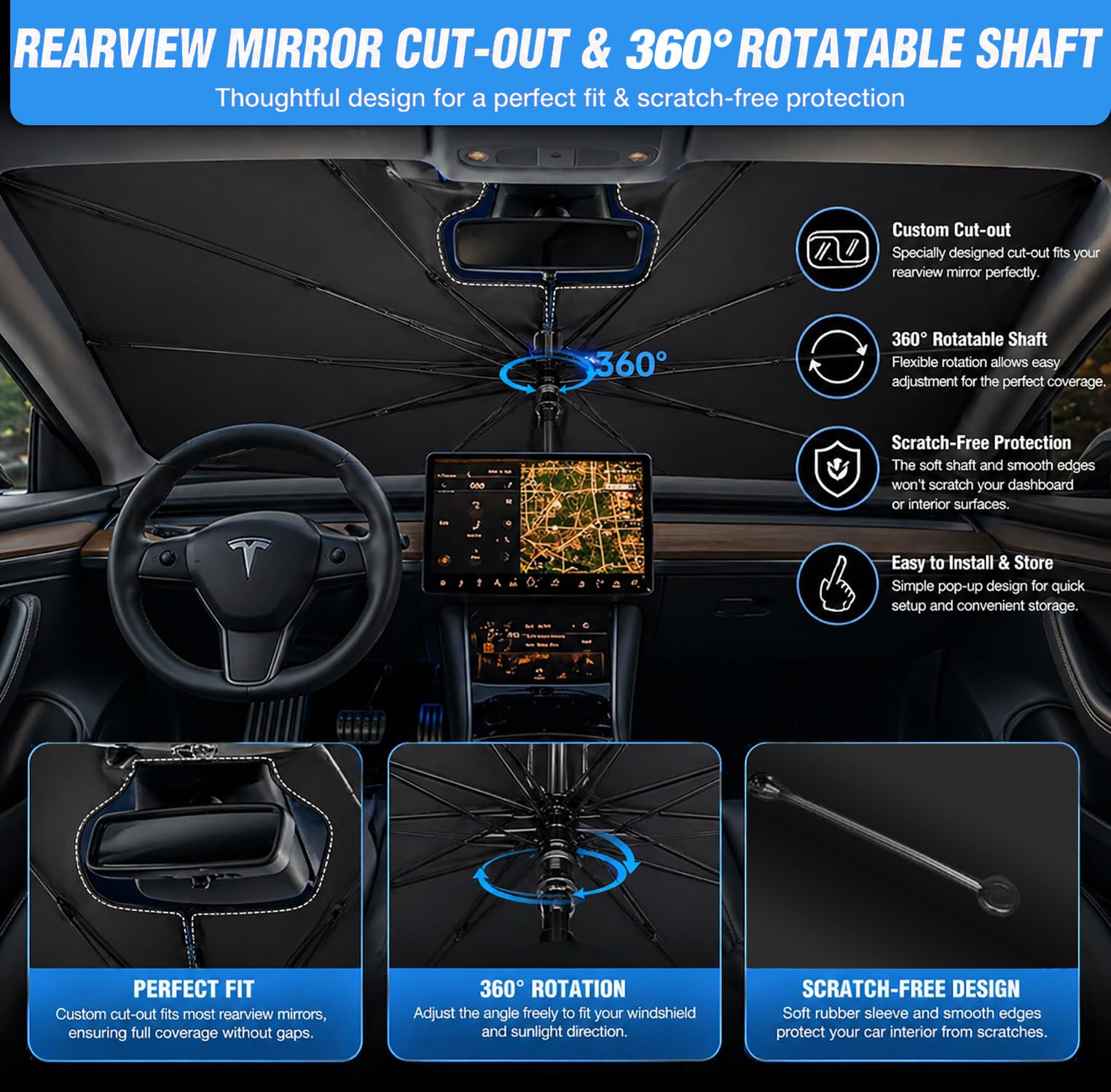 Parasole Auto per Parabrezza Anteriore, Pieghevole Ombrello Parasole Auto, Protezione UV e dal Calore, Riflettente, Protegge l’Interno dell’Auto, per Berlina e SUV