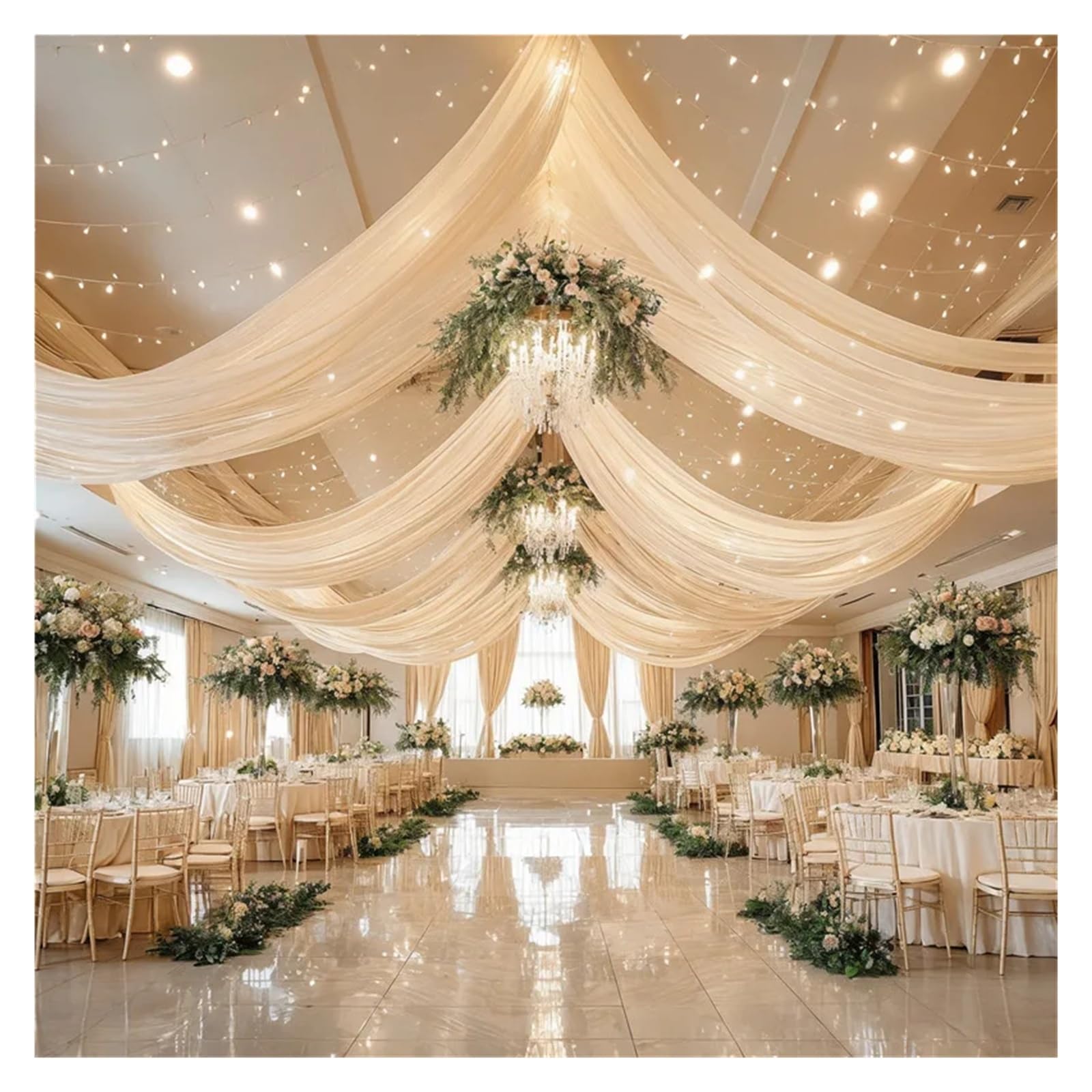 Panneaux De Rideaux De Plafond Rideaux de Plafond Blancs for Robe mariée, 1 pièce, décor d'auvent Toit, Rideau en Mousseline Soie for fête, cérémonie, scène d'hôtel(Beige,1panel 150x600CM)