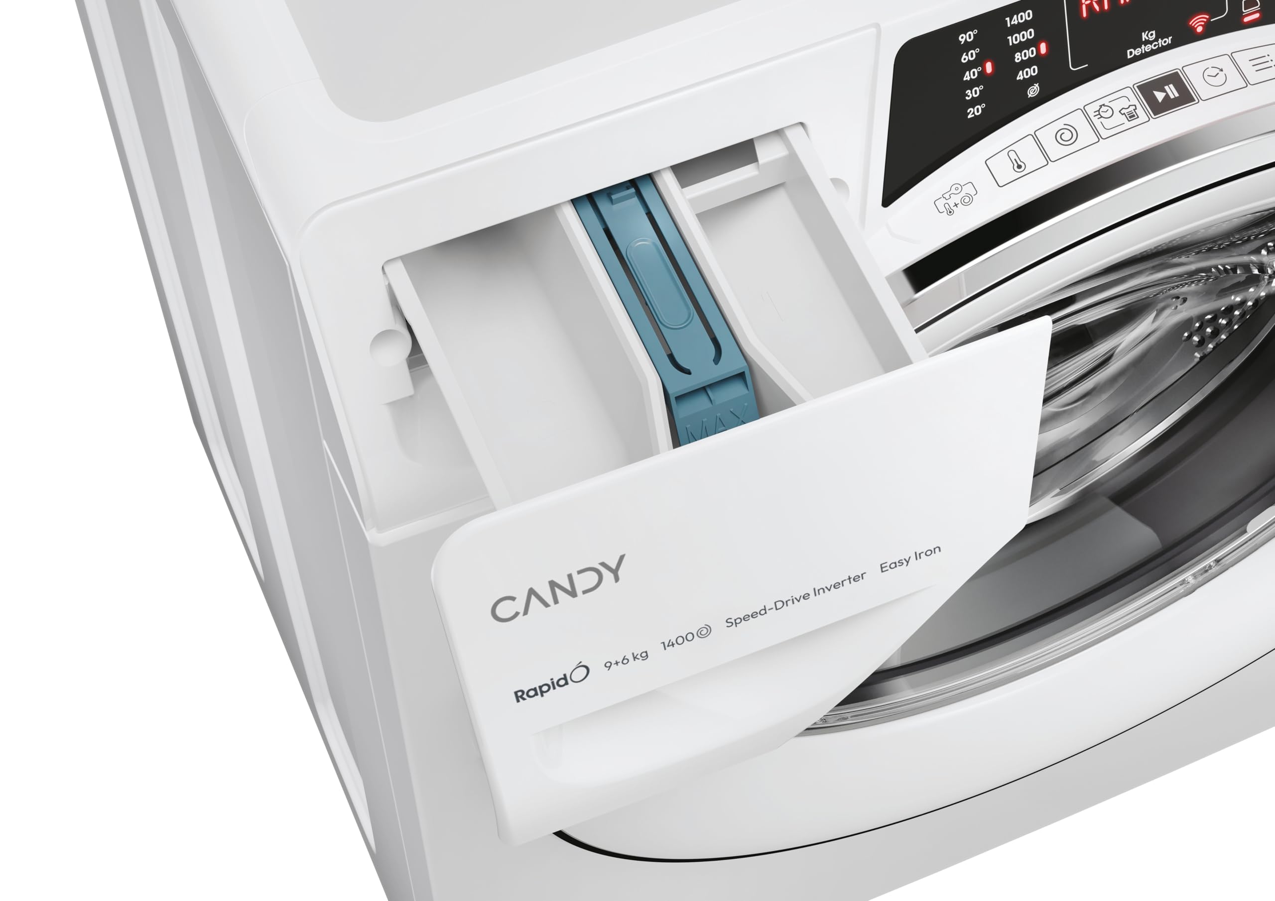Candy RapidÓ ROW4966DWMCT1-S, Lavadora Secadora, 9KG + 6KG, 1400RPM, Smart Ring, Motor Inverter, 16 Ciclos, 9 Rápidos, Función Vapor, Wifi, Quick&Clean, Inicio Diferido 24H, Detector KG, Blanco