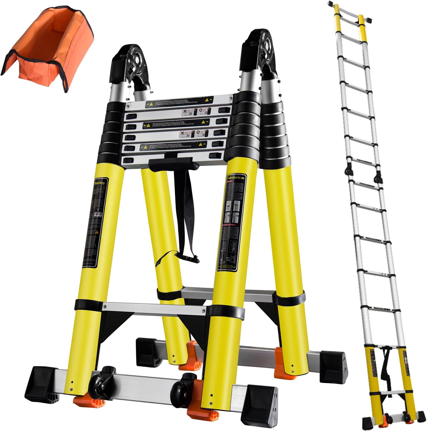 18FT A Frame Telescoping Ladder w. Balance Bars/Wheels/Tools Bar, Aluminum Extension Ladder Collapsible to 39" Portable Adjustable Foldable 7+7 Foot Step Ladders 330lbs Capacity (EN131 Approved)