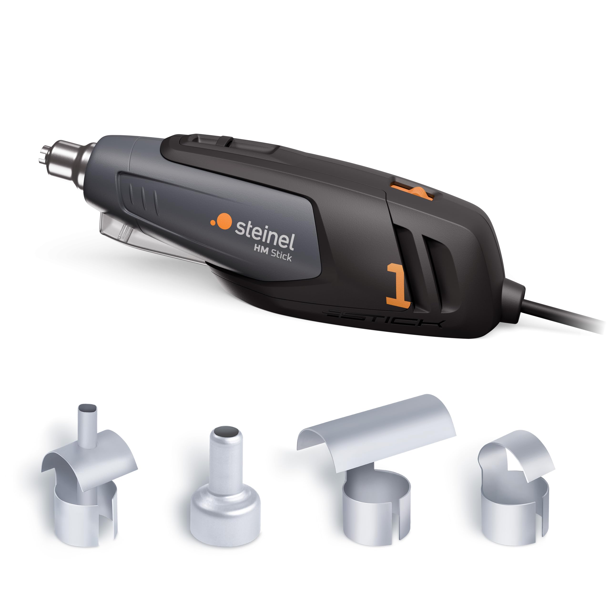 Steinel Mini pistola de aire caliente HM Stick, incluye 4 boquillas, 350 W, 400°-500°C, luz de trabajo LED, pistola de aire caliente para bricolaje y modelismo
