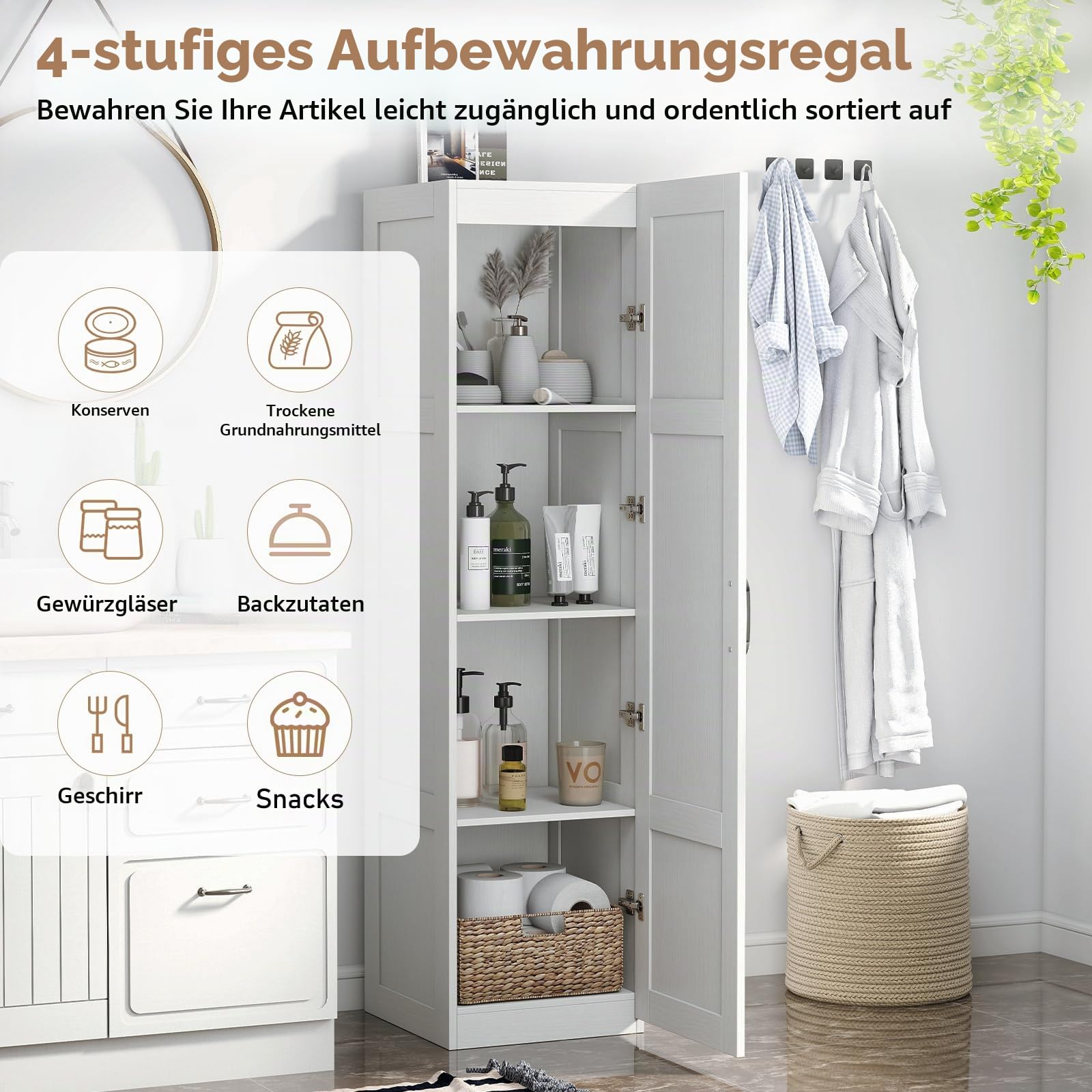 KOMFOTTEU 4 Etagen Hochschrank mit Metallgriff & Kippschutz, Aufbewahrungsschrank mit Einer Tür, Mehrzweckschrank schmal, Küchenschrank für Esszimmer, Küche, Badezimmer, 37,5 x 40 x 150 cm (Weiß)