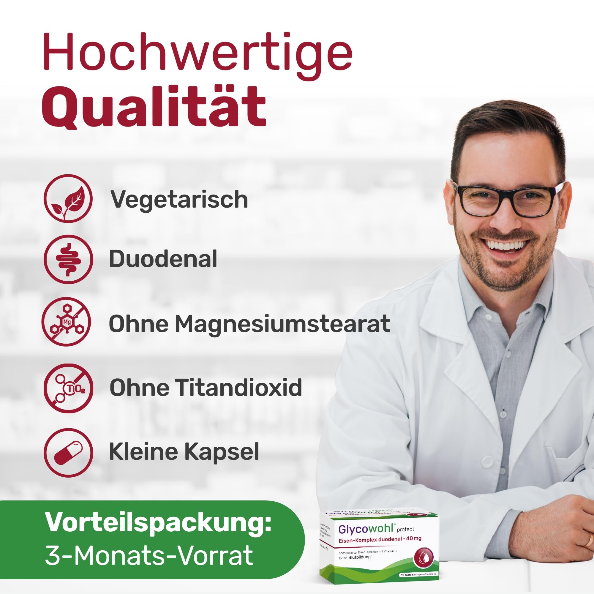 Glycowohl Eisen-Komplex duodenal – 40 mg Eisen + Vitamin C – 90 Kapseln | 4 bioaktive Eisenformen · Vitamin C erhöht die Eisenaufnahme · Sehr magenschonend