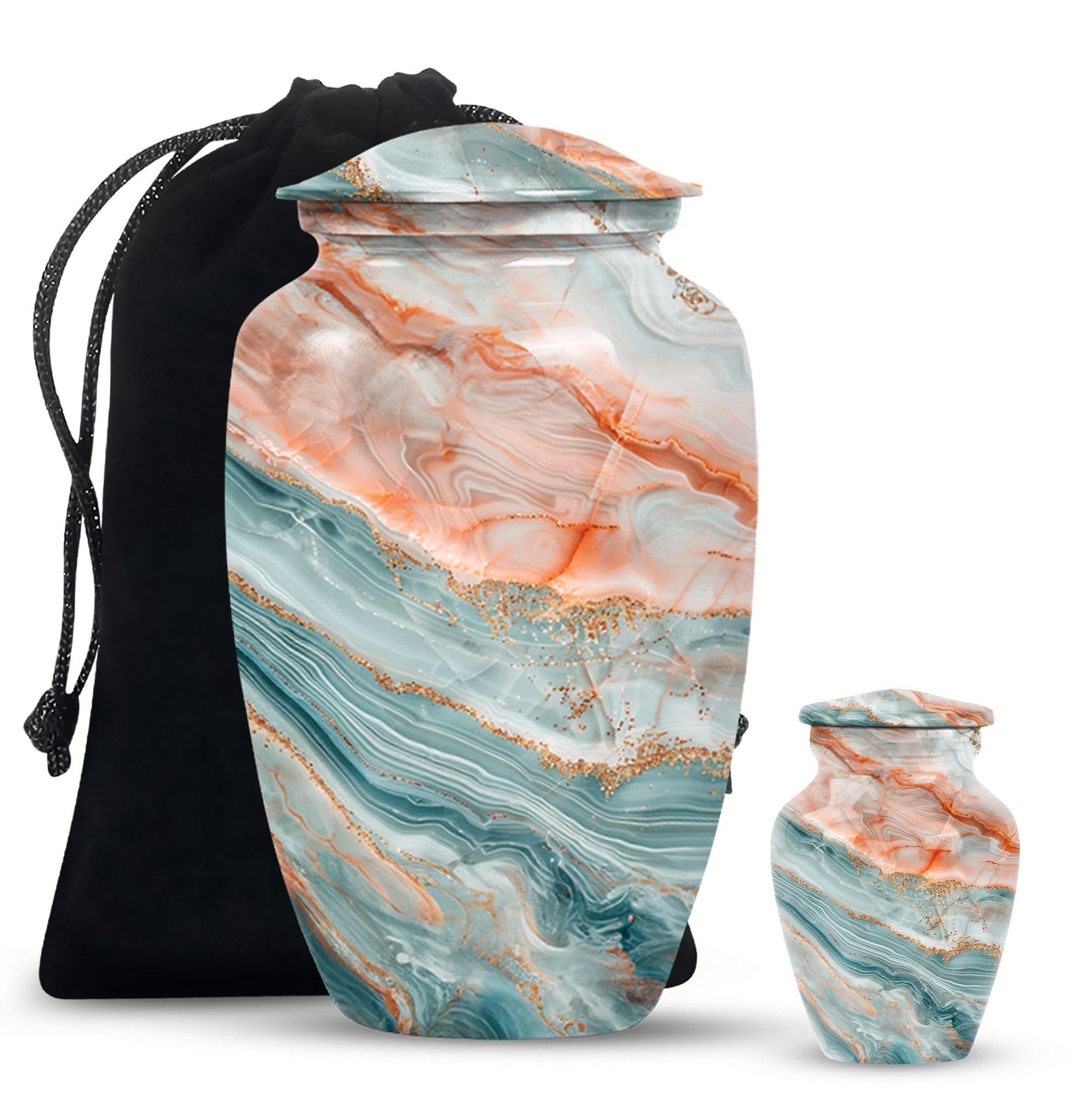 Aqua Sunset - Urns for Burial - Decorative Urns for Human Ashes - Combo of 1 Large Urn with Velvet Bag and 1 Small - Adult Cremation Urns - Human Remains Urn - Funeral Urns - Creamation Urns