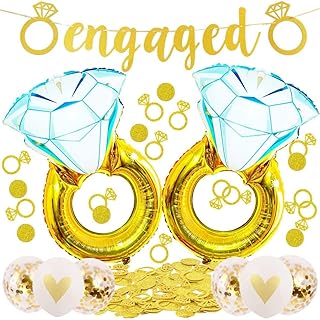 Engagement Party Decorations,Gold Engaged Balloons Set With Engaged Banner,Diamond Ring Foil Balloon Gold Confetti Balloons Wedding Ring Round Confetti For Engagement Bridal Shower Bachelorette Party