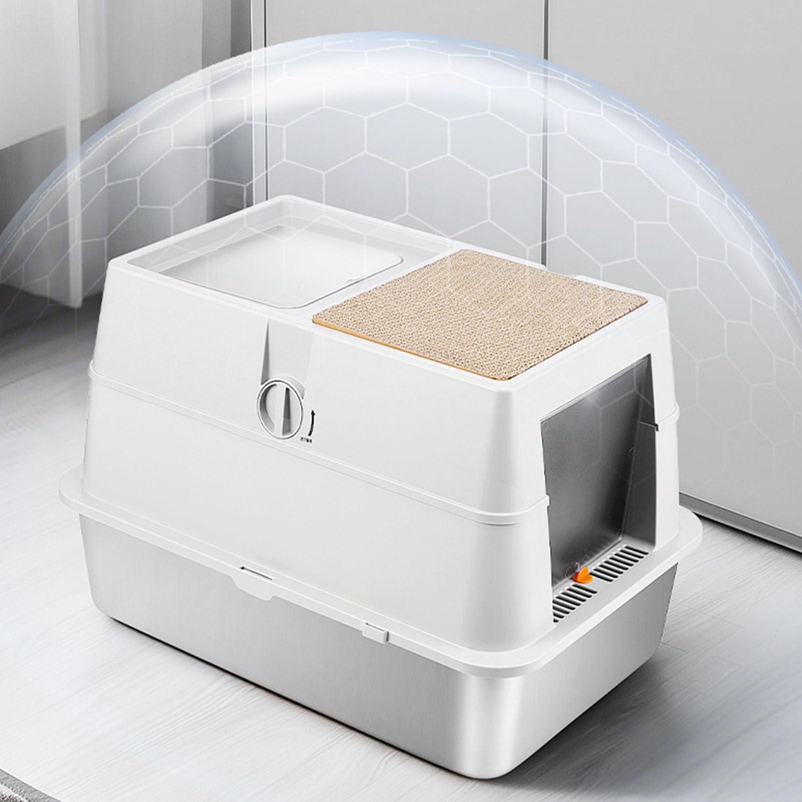 Arenero para Gatos de Acero Inoxidable XXL Caja de Arena para Gatos Grandes Arenero con Tapa Laterales Altos, Bandeja de Arena Cerrada de Metal con Pala y Rascador