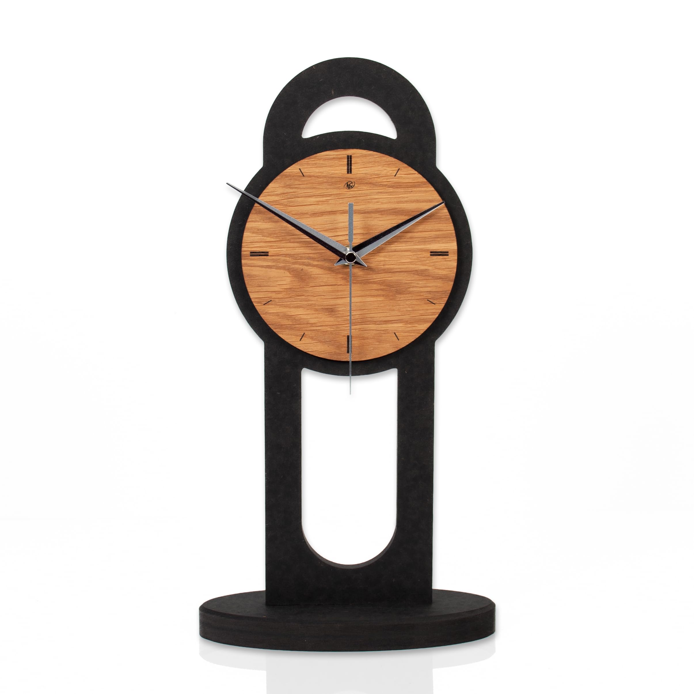 Standuhr „Brown Circle“ aus Holz – Schwarze Tisch-Uhr mit brauner Eiche-Applikation; Größe ca. 38,5x20x8,5cm (leises Funkuhrwerk)