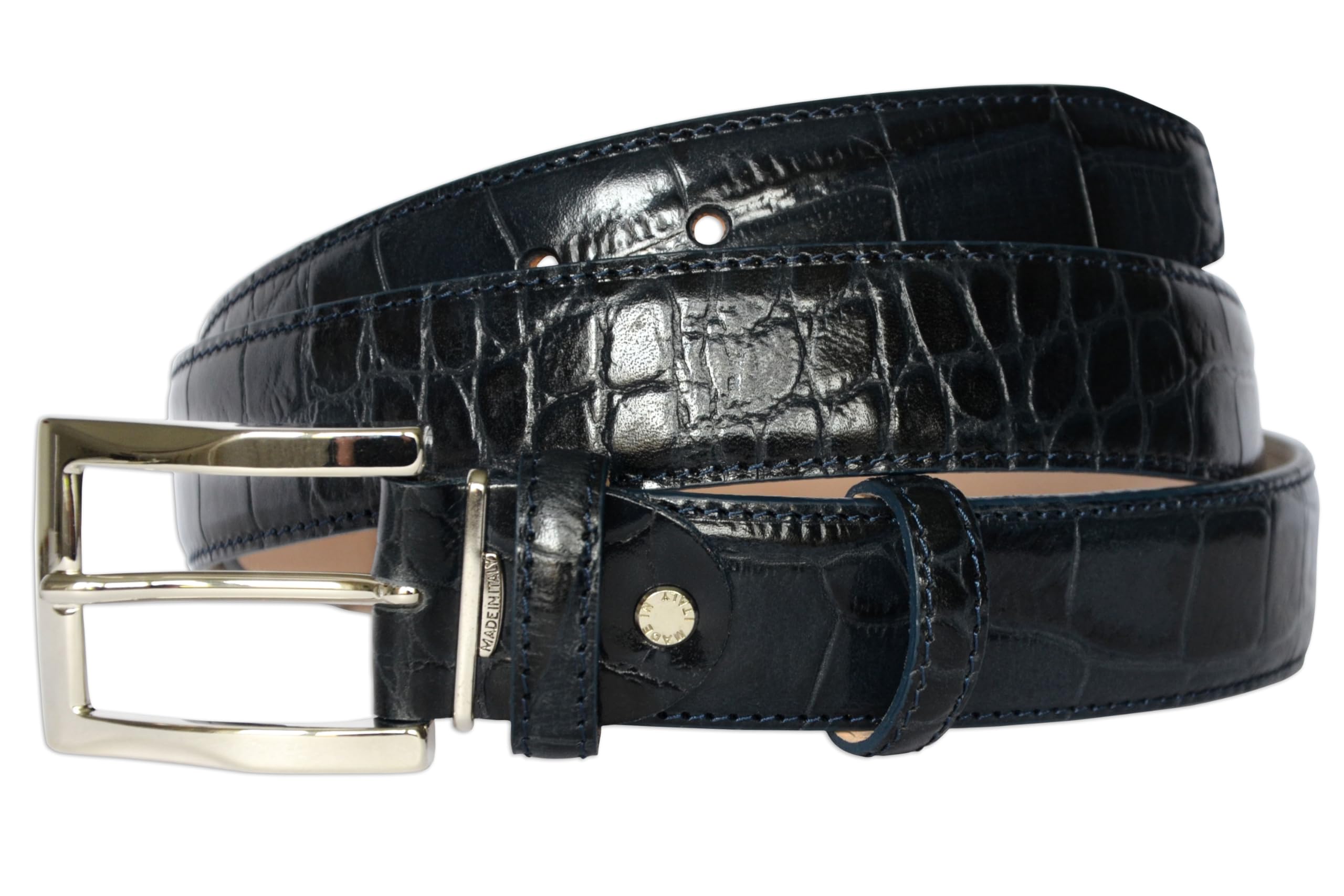 PASQUALE CUTARELLI Men's Crocodile Pattern Italian Leather Belt, 3.5cm Wide, Navy Medium, 36-Inch