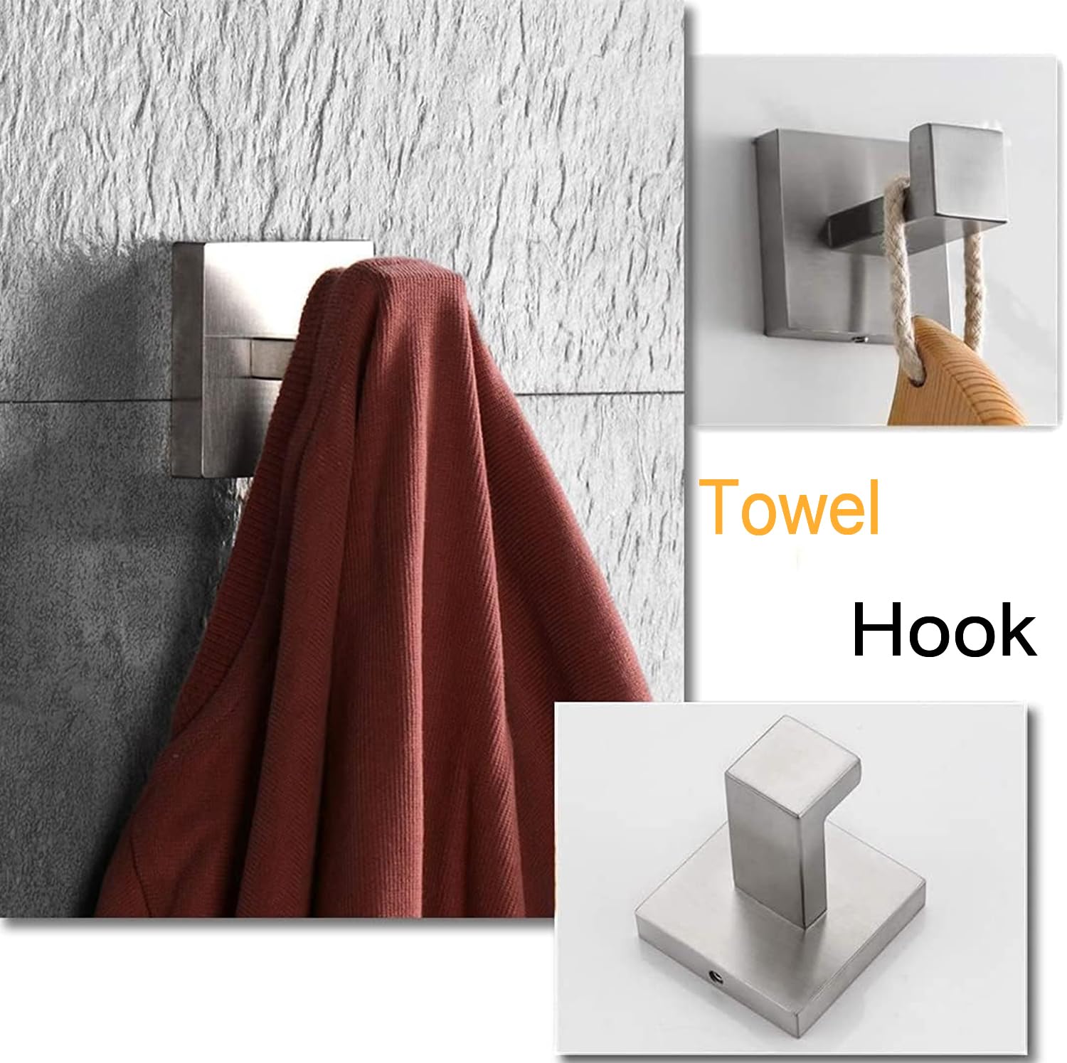 Juego de accesorios de baño de 4 piezas, toallero, toallero, soporte para papel higiénico, ganchos para toallas, ganchos modernos cuadrados de acero inoxidable de alta calidad, níquel cepillado, 4