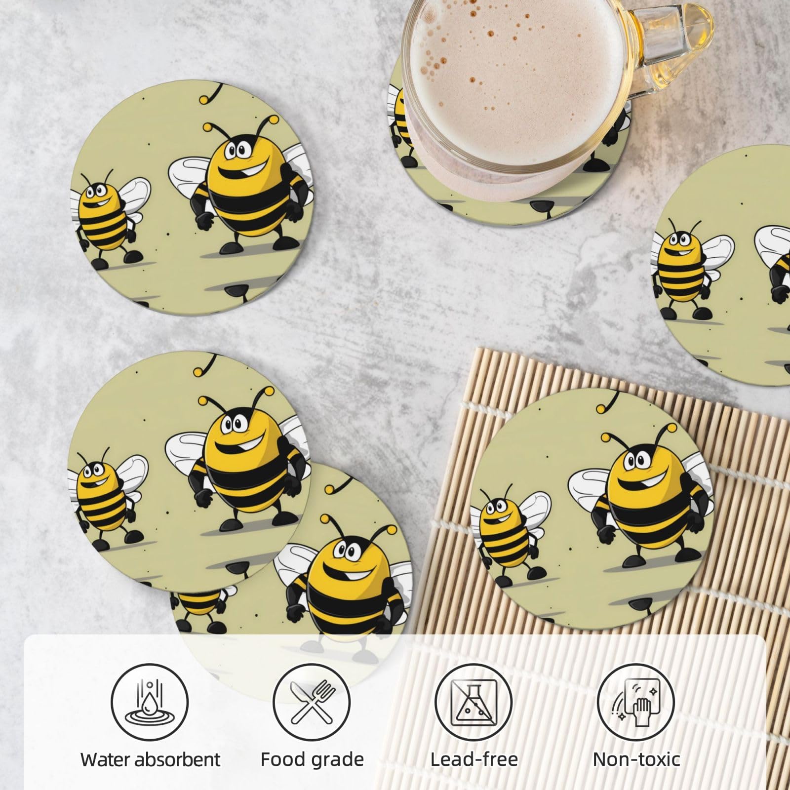 Sottobicchieri in sughero in ceramica di forma rotonda, 6 pezzi, immagine del calabrone, fondo in sughero antiscivolo, adatto a tutte le tazze da caffè e tazze sportive