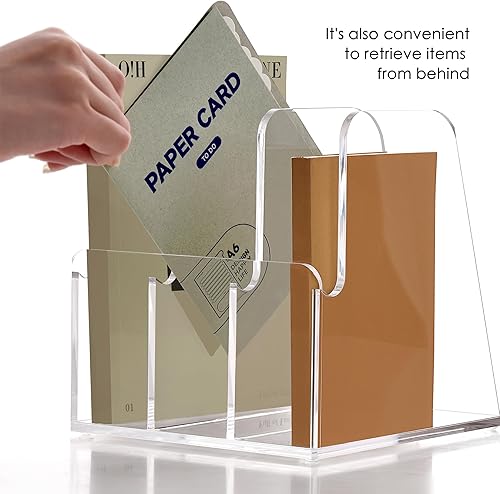Miniatura 4 de SANRUI Organizador de escritorio de acrílico transparente, soporte para archivos de revistas con 3 secciones verticales, estante para revistas,