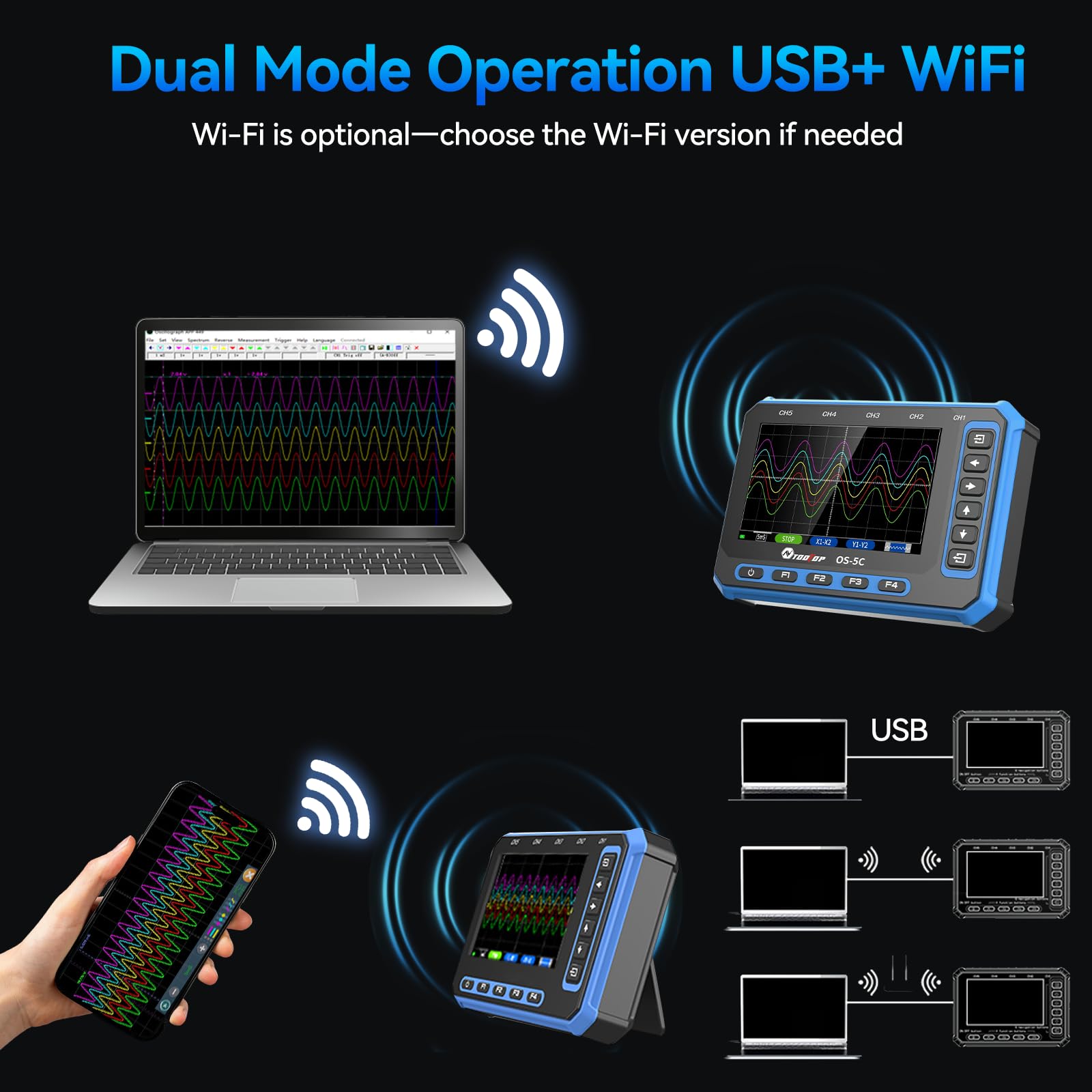 Tragbares Oszilloskop mit WIFI: Handheld Oscilloscope Zusatzsonde, 5 Kanal Digitaloszilloskop für Elektronik, KFZ und Multimeter Anwendungen Portable Handheld Five Channel Oscilloscope