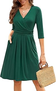 Womens 2026 Wrap V Neck 3/4 Sleeve Cocktail Dress Pleated A Line Fit and...