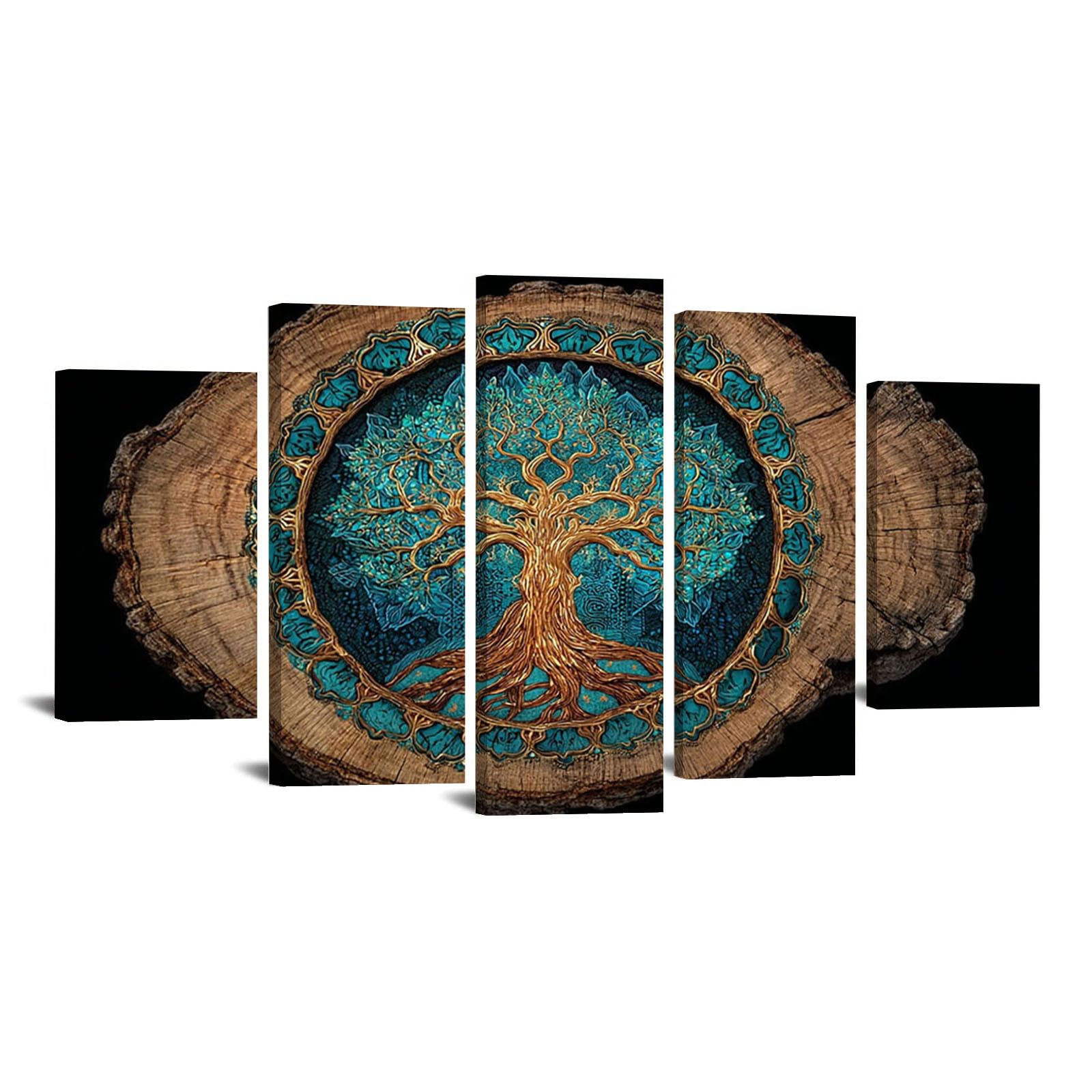 AMXBZC Nowoczesny krajobraz, sztuka ścienna, obrazy Golden Tree Of Life, dzieło sztuki, rośliny, do biura, kuchni, łazienki, druk artystyczny, obrazy ścienne do salonu, 55 x 100 cm, oprawione, 5 sztuk
