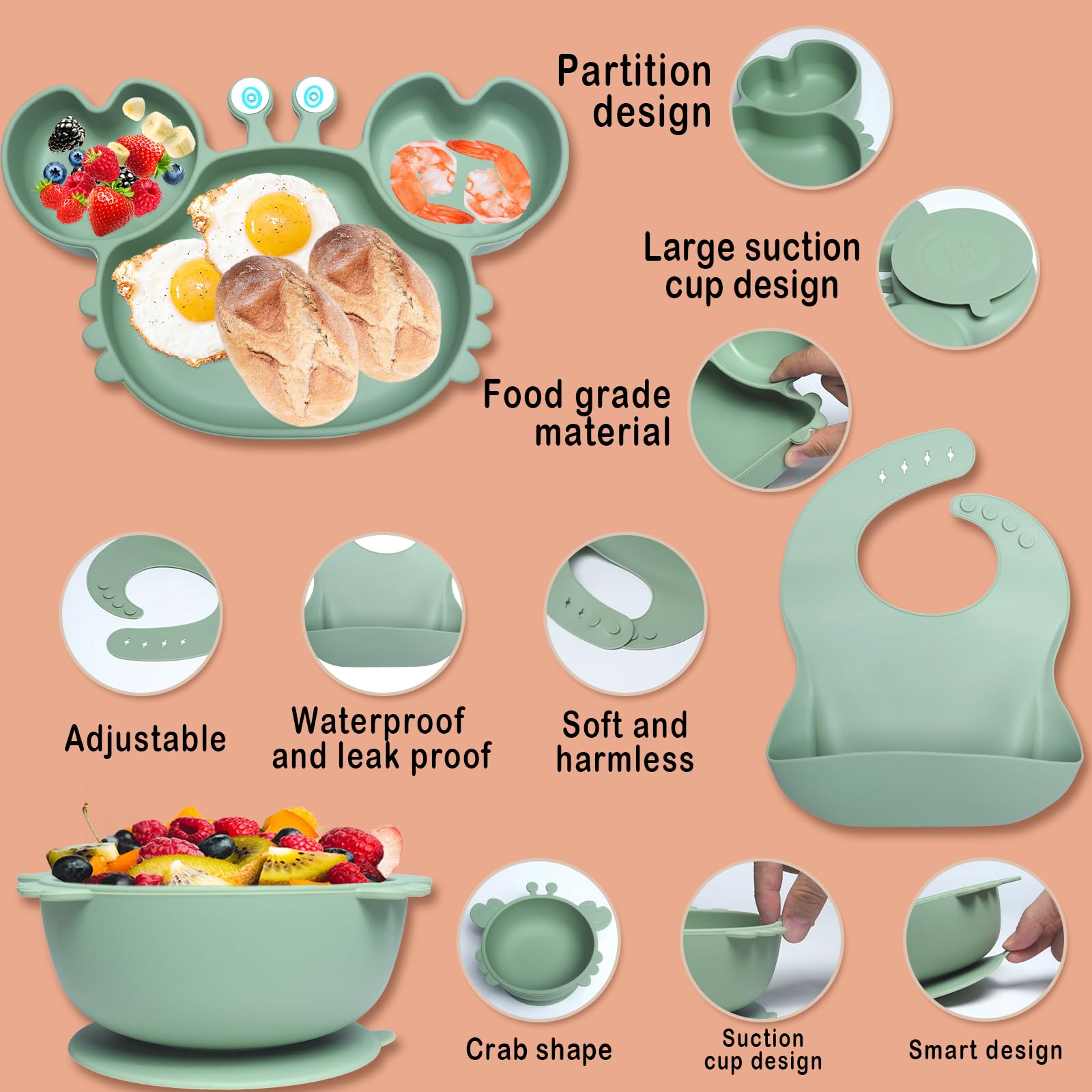 Coffret Repas Bebe, 10 Pièces Assiette bebe Set Vaisselle Antiderapant Silicone avec Ventouse Assiette Bol Fourche Cuillère Bavoir, Enfant Set Couverts Vaisselle Pour Sevrage Manger, Vert