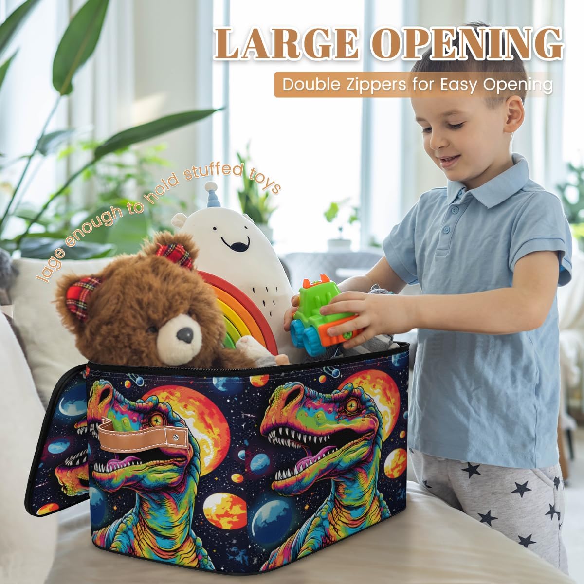 Storage Bin Set of 2 Rainbow Dinosaur Storage Basket with Zipper Lid & Handle Foldable Closet Shelf 2 Pack Cloth Organizer Basket Cube Bins Clothes Organizer for Bedroom, Nursery