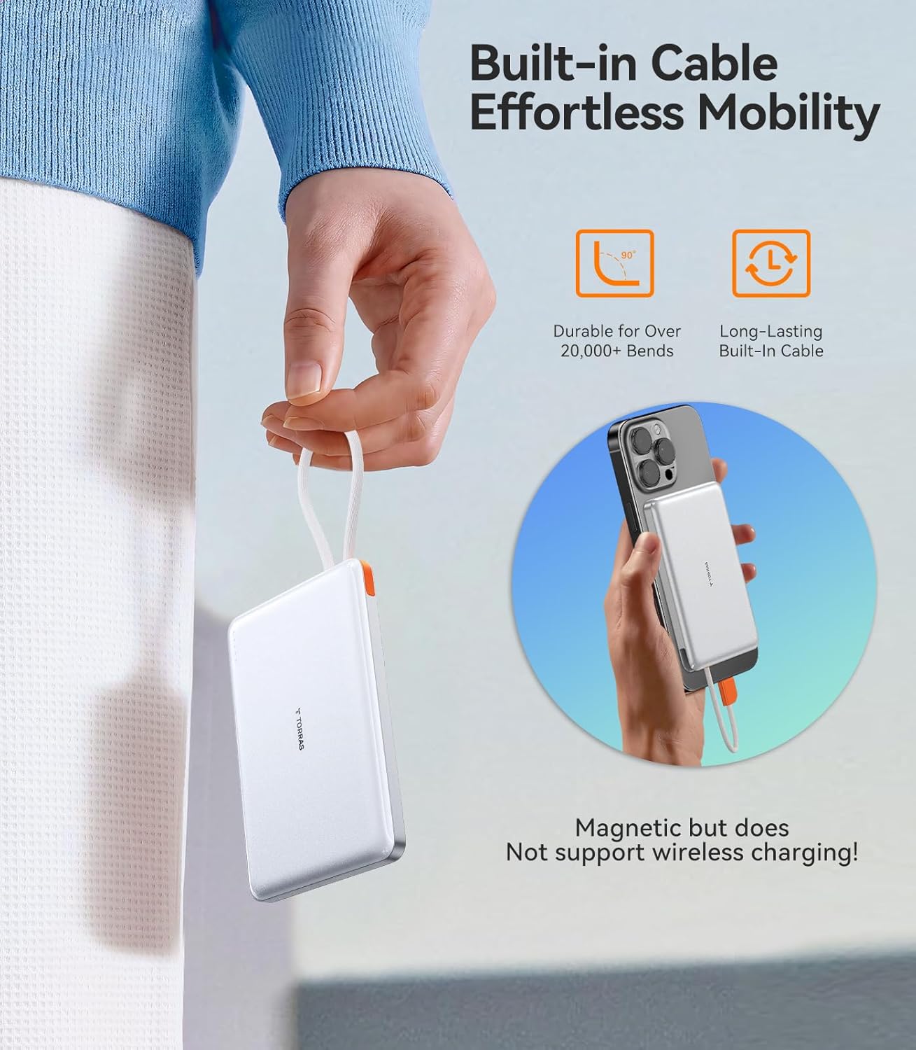 Image showing the TORRAS Power Bank's built-in USB-C cable being used as a carrying strap, highlighting its durability and portability.