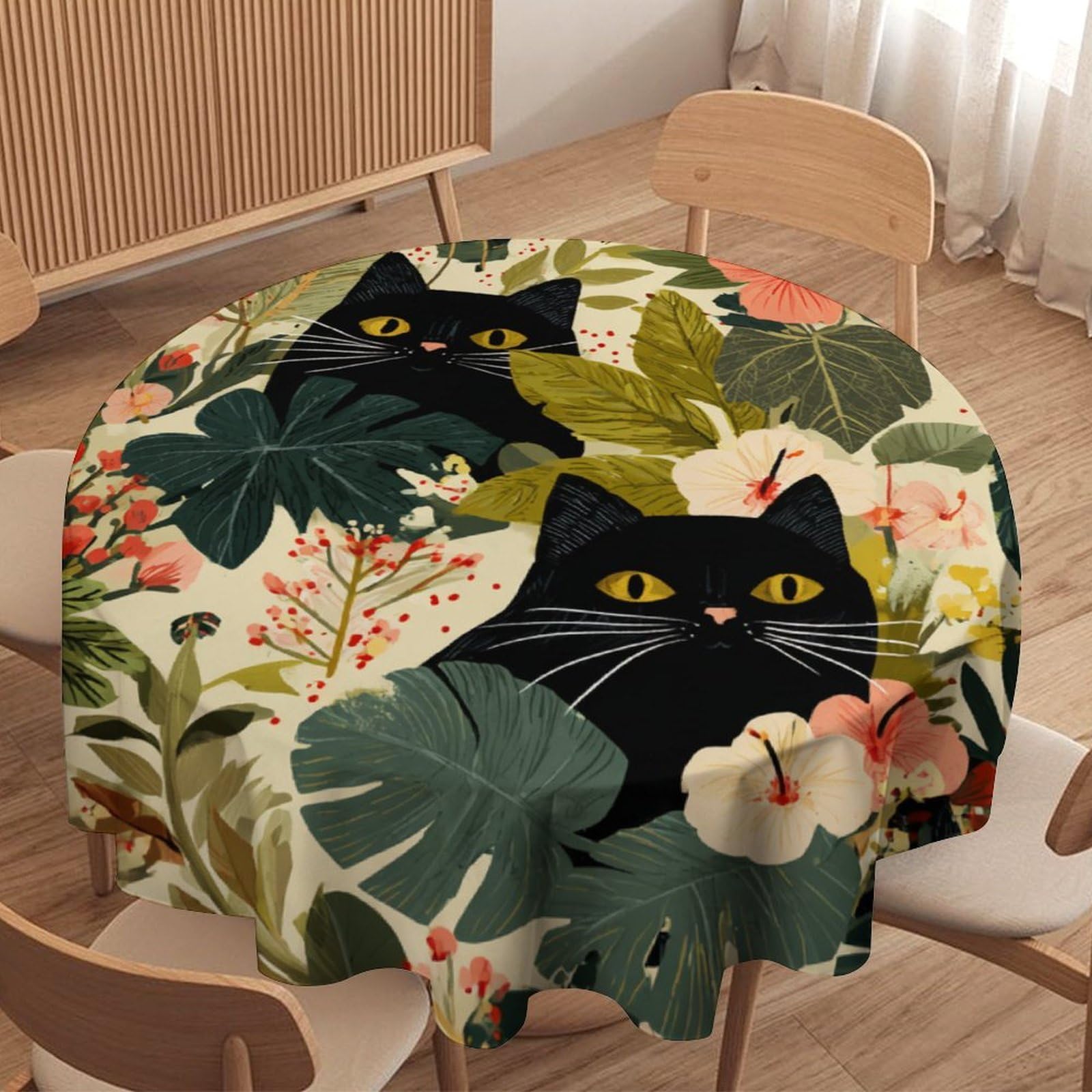 LUYYSKY Modern Classic Black Cats Waterproof Round Tablecloth Modern Aesthetic Animals Kittens Plants Flowers Palm Leaves Print Washable Table Cover for Kitchen-36 Wx36 L