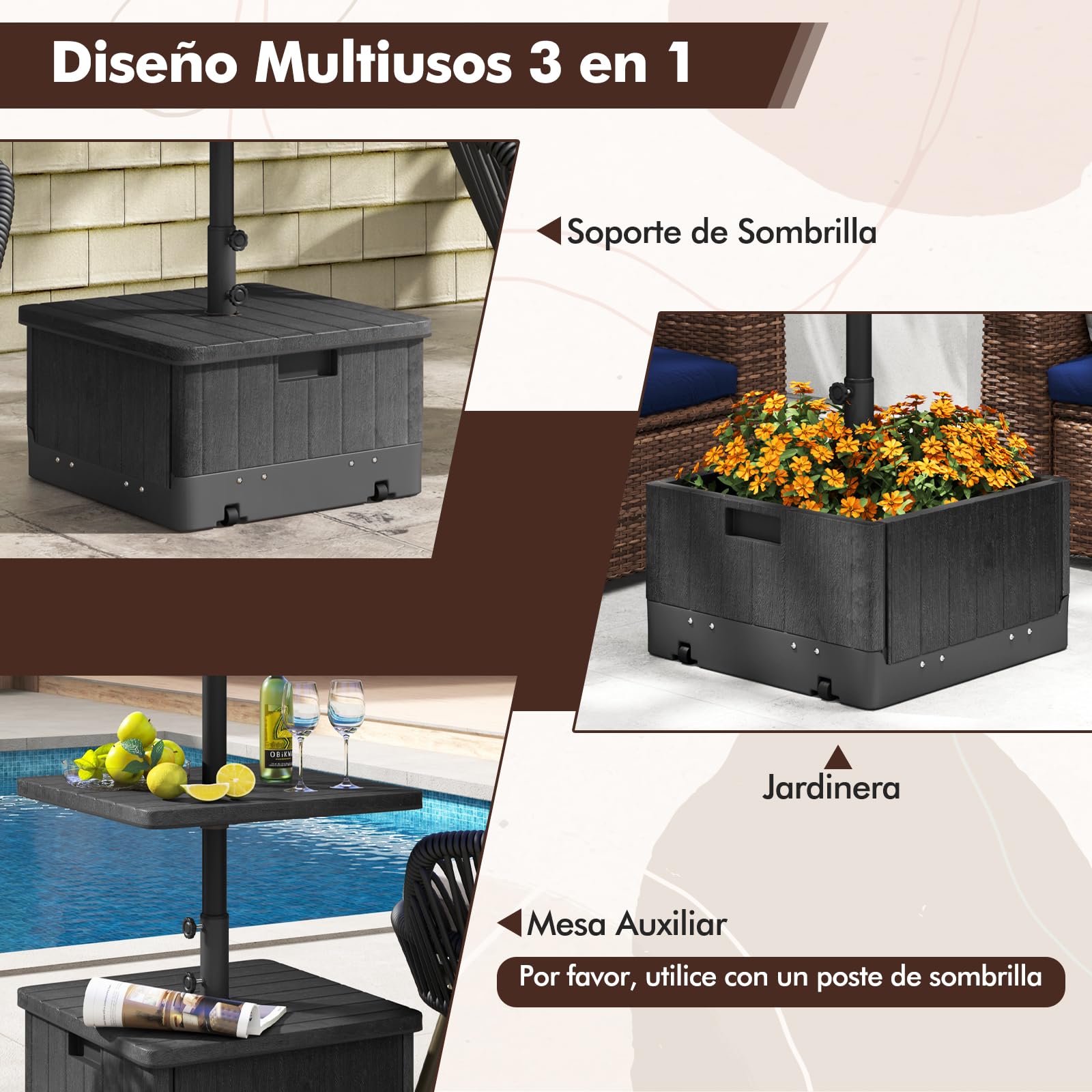 GOPLUS Base De Sombrilla Móvil Rellenable De Alta Resistencia, Soporte Para Sombrilla Con Ruedas Y Asa, Bandeja De Mesa, 2 Perillas Ajustables, Para Poste De Diámetro. 38mm/48mm (Negro)