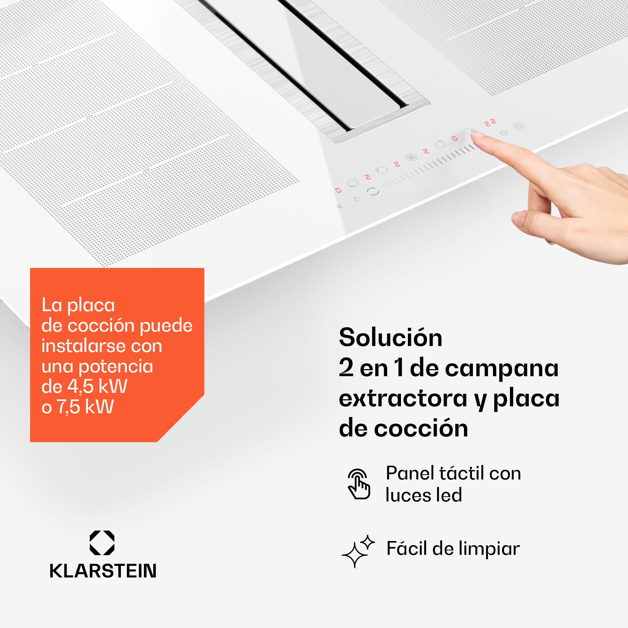 Klarstein Chef-Fusion Placa de Inducción con Extractor Integrado - Flex-Zone de 7200 W, 610 m³/h, Clase A, Control Táctil, Diseño Estético, Acero Inoxidable y Cristal, 90 cm
