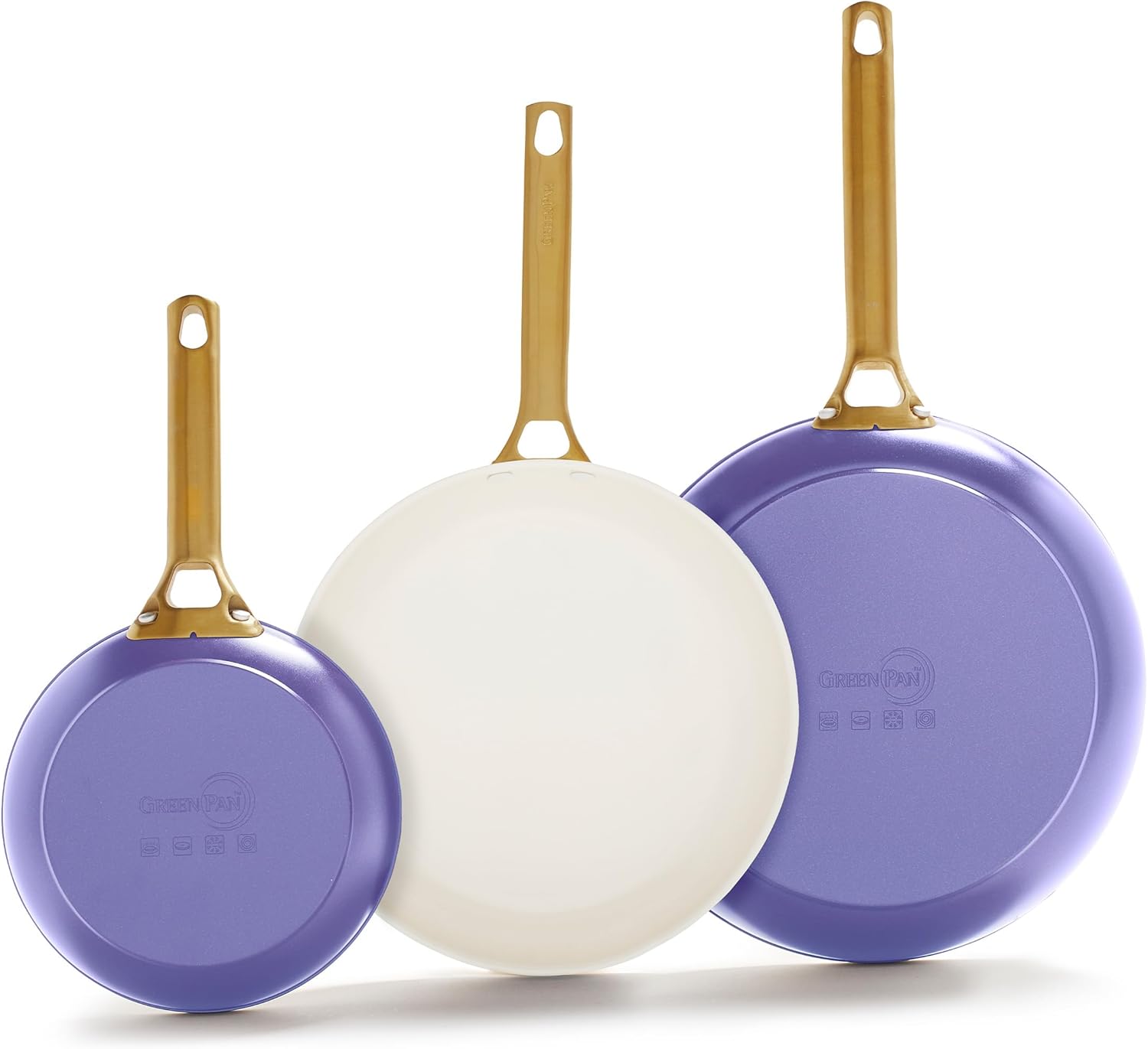 GreenPan Reserve Hard Anodized Healthy Ceramic Nonstick 8" 10" & 12" 3 Piece Frying Pan Skillet Set, Gold Handle, PFAS-Free, Dishwasher Safe, Oven Safe, Periwinkle Non-Induction 8" 10" and 12" 3 Piece Frying Pan Skillet Set Periwinkle