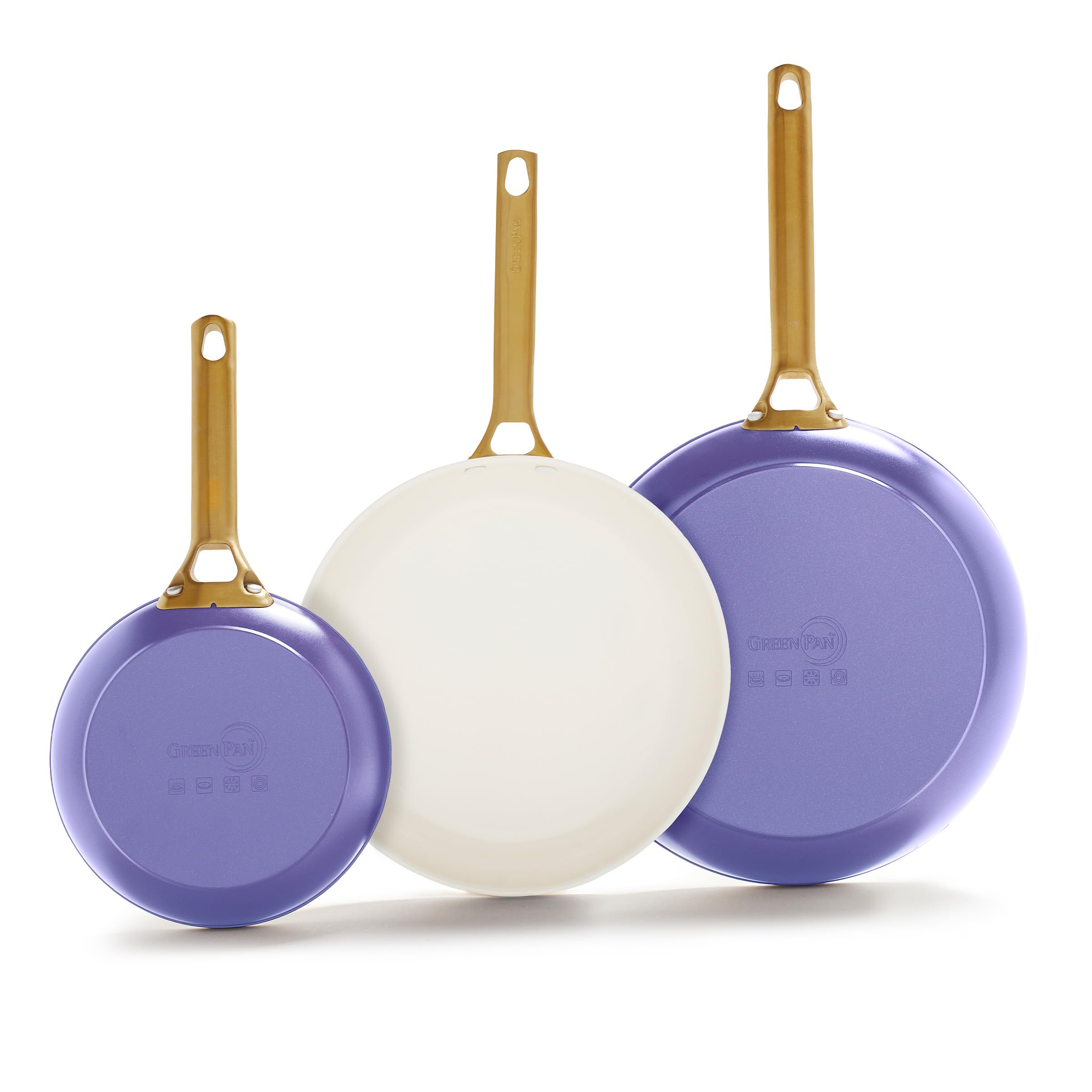 GreenPan Reserve Hard Anodized Healthy Ceramic Nonstick 8" 10" & 12" 3 Piece Frying Pan Skillet Set, Gold Handle, PFAS-Free, Dishwasher Safe, Oven Safe, Periwinkle