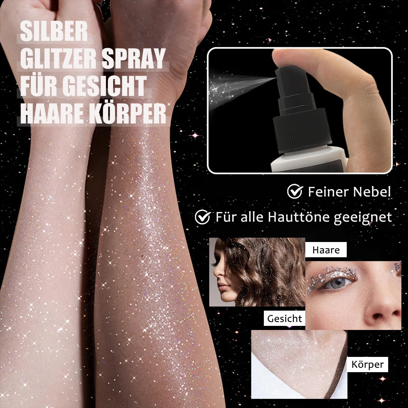 Spray glitter, spray glitter argento per capelli e corpo, spray glitter per capelli e vestiti, spray glitter per il corpo con nebbia ultrafine, accessori per festival ad asciugatura rapida Halloween